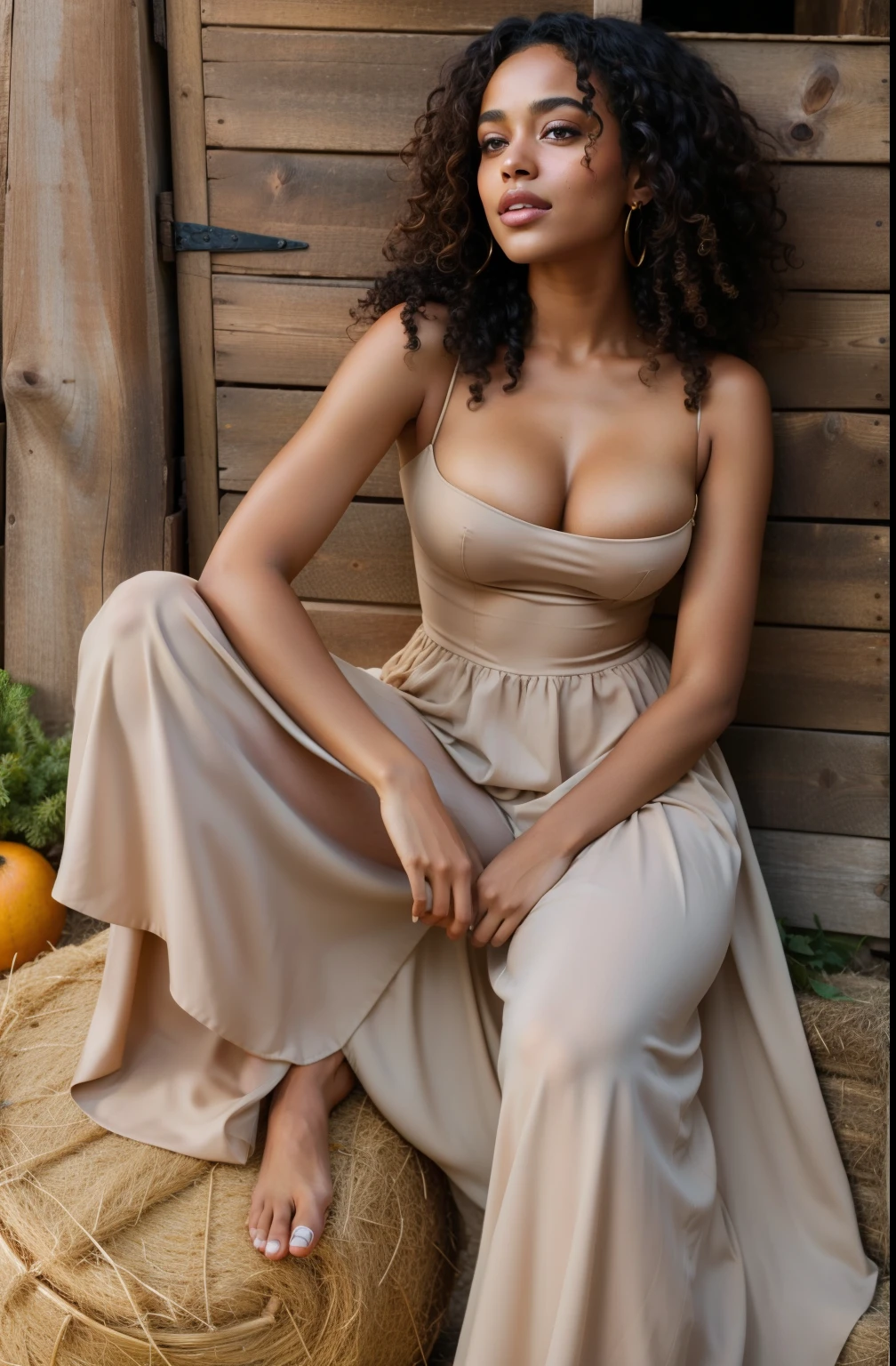 arafed woman sitting on a hay bale in a tan dress, nathalie emmanuel, gorgeous lady, imaan hammam, gorgeous woman, perfect round breasts and cleavage. photo from vogue magazine, photoshoot for vogue magazine, tessa thompson, portrait sophie mudd, stunning woman, magazine photoshoot, tessa thompson inspired, zendaya, perfectly poised, beautiful model, vogue photoshoot, curly haired, solo photoshoot