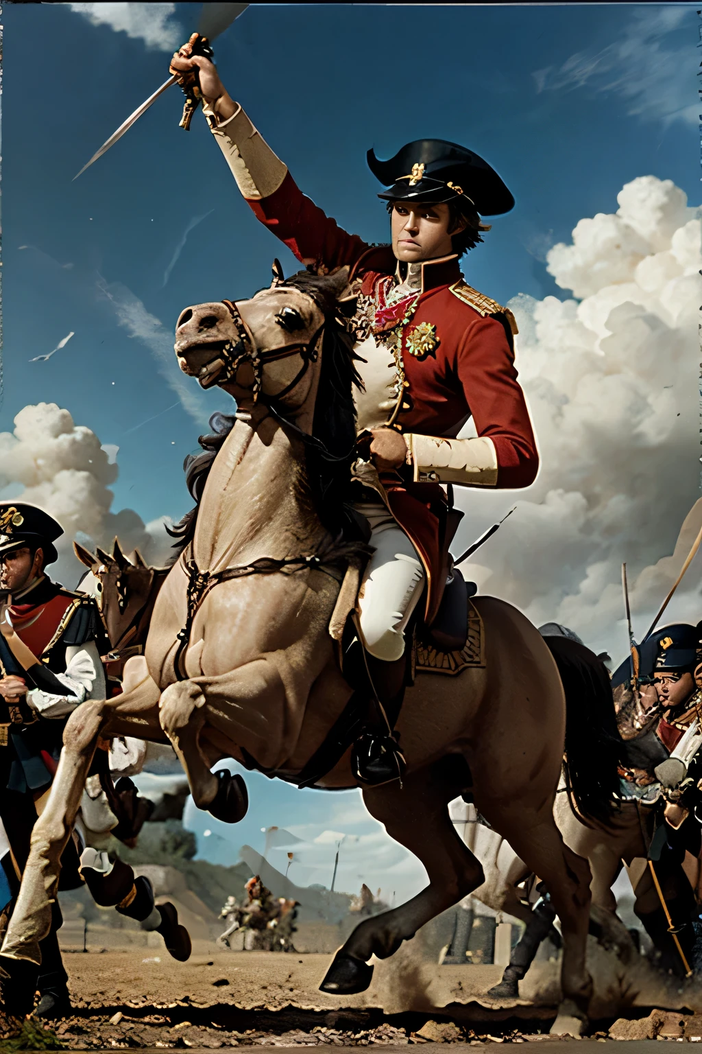 Napoleon leading a large army and giving command of the attack, todos montando a cavalo
