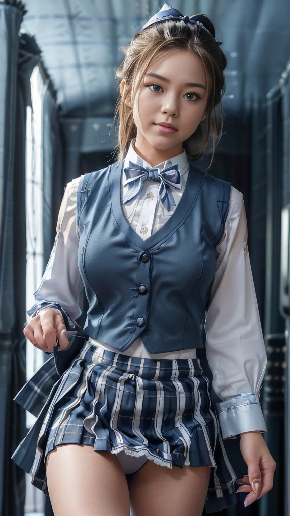  (highest quality,4K,8K,High resolution,masterpiece:1.2),Super detailed,(genuine,genuineistic,genuineistic:1.37)、Japanese female one person、Transcendently beautiful、((24-years-old))、((smile)、((She's walking、the hem of her skirt moves:1.44))、((It&#39;s blonde hair))((Black hair around the hairline:1.2))、((One bun hair:1.2))、((navy blue cloth vest:1.25))、((Short pleated skirt in dark blue:1.25))、((White long sleeve cutter shirt:1.25))、((tartan check ribbon bow tie:1.2))、((Close-up of the  from below:1.45))、looking at the camera、(High resolution, bright colors, Super detailed), (A hallway with slot machines on both sides in the background:1.35)
