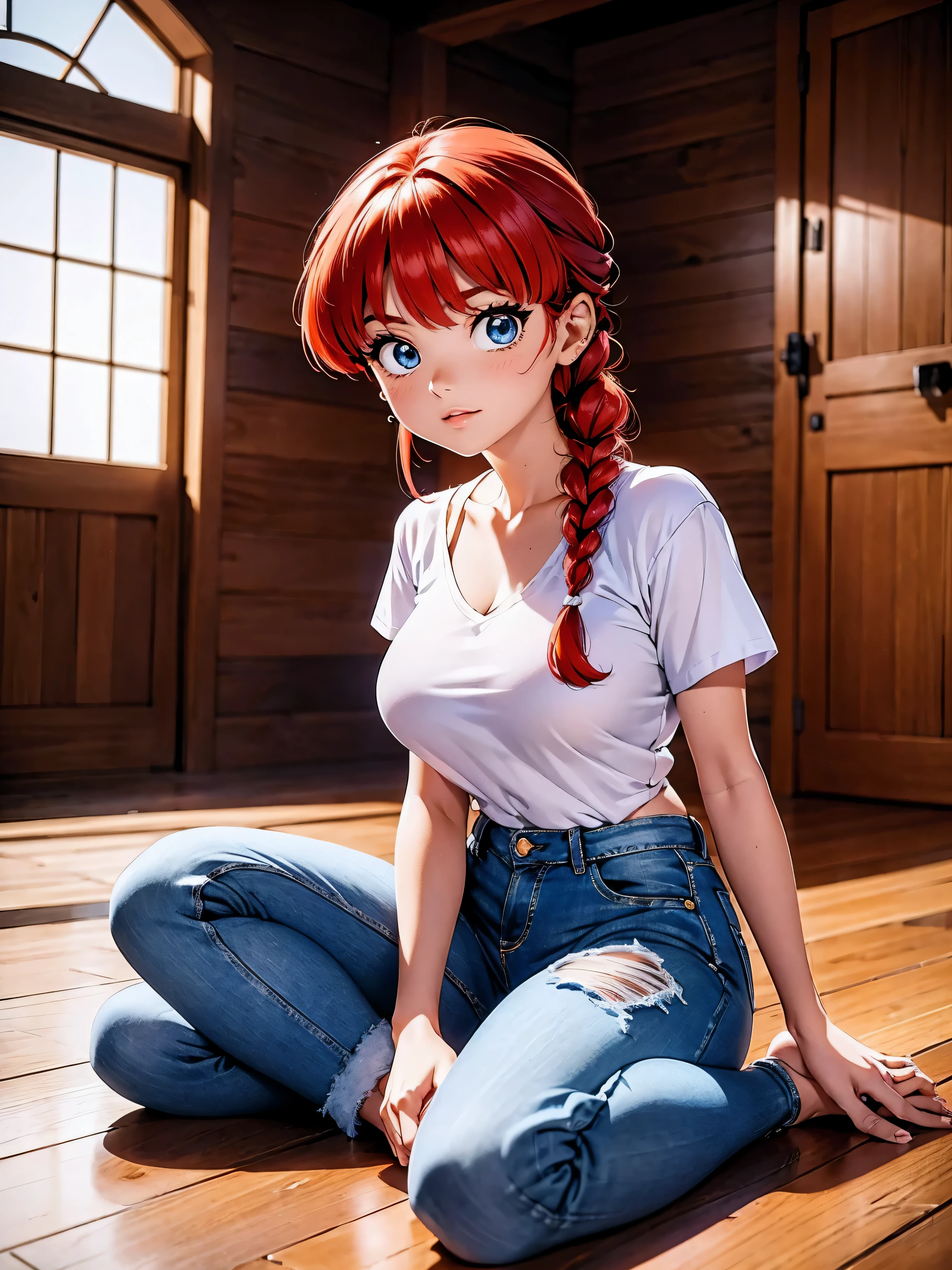 Garota anime ruiva com bermuda jeans azul e blusa purple roxa, 16 anos, agachada, sentada com pernas cruzadas, corpo bonito, seios grandes, with your hands behind your head, running your hands through your hair, garota sexy, red hair with braid, gorgeous lighting, sombras suaves, olhos azuis, pernas bonitas, hair with braid, estilo anime, Ranma Chan, Autora Rumiko Takahashi, Baseado em obra de Rumiko Takahashi, Anime Ranma 1/ 2, decote sexy, quadril robusto, corpo inteiro, corpo completo, busto grande, garota jovem com corpo belo e bonito, sandals on the feet, garota 16 anos jovem baixa estatura, vestindo bermuda jeans azul e blusa purple roxa linda, garota anime, estilo anime, beautiful feet in sandals, sitting on the floor, viewing angle 45°