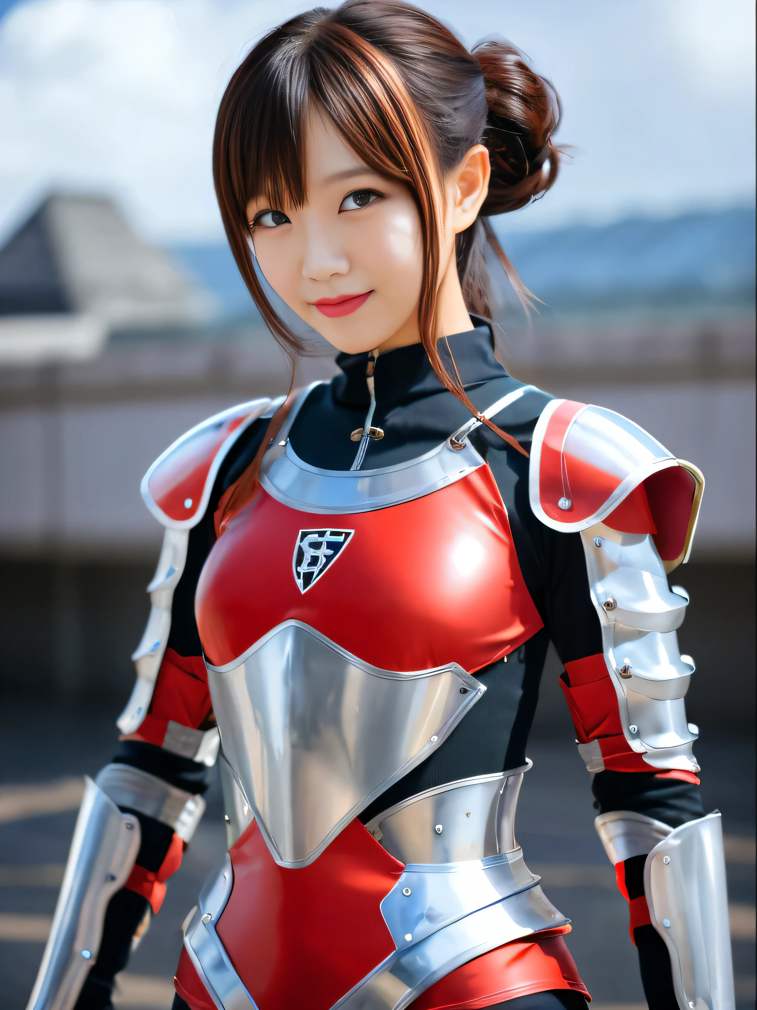 arafed woman in a red and silver suit with a sword, armor girl, girl in knight armor, red armor, lady in red armor, silver armor and red clothing, shiny plastic armor, of a beautiful female knight, wearing armor!!, beautiful female knight, wearing shining plate armor, cyber japan style armor, covered in full metal armor, full-cosplay