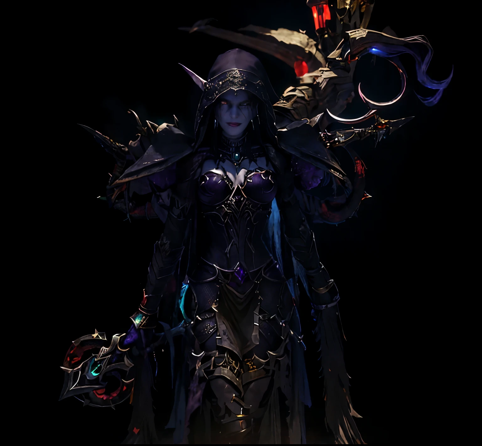 arafed image of a woman dressed in a costume with a sword, necromancer sorceress, female revenant, dark sorceress full view, death knight, undead mage, sylvanas windrunner, female necromancer, dark sorceress, dark arcanist, dark goddess with six arms, dark elf