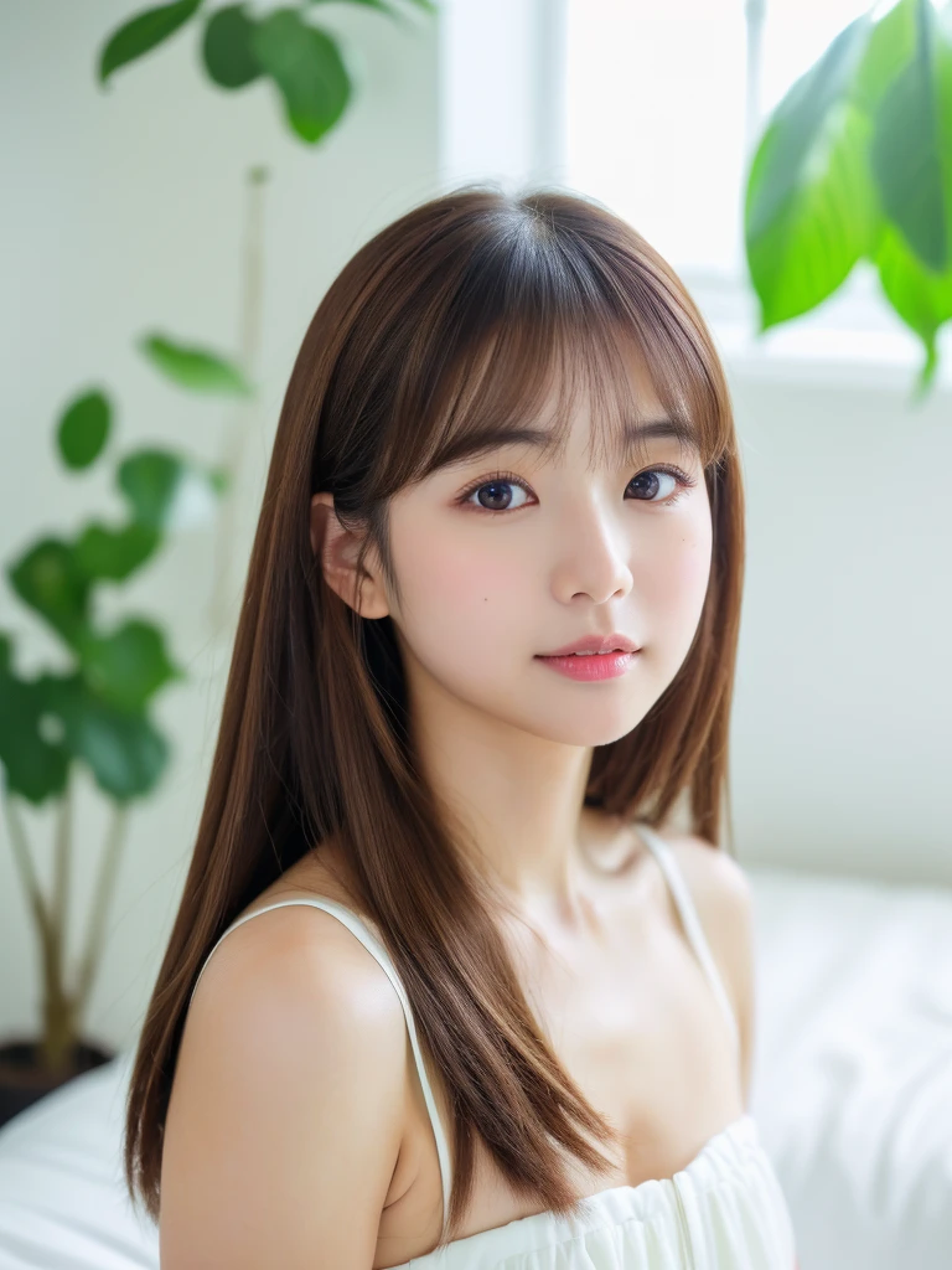 ((cute日本の女の子、beautiful japanese girl、1 girl、19 years old、Highly detailed face and skin texture、super detailed face、highly detailed eyes、Lee Hong、blush、ponytail、close-up of woman、front、cute、Highly detailed face and skin texture、smooth white skin、Transparent skin texture、))、(dark brown hair)、look at the camera、sharp focus:1.2、beautiful woman with perfect style:1.4、japanese model、young gravure idol、若いcuteグラビアアイドル、Realistic young gravure idol、sophisticated gravure idol、((highest quality、8K、masterpiece:1.3、1photograph))、(4K、RAWphotograph、highest quality)、Place someone on the other side of the screen、Natural light、((morning、noon、Bright interior、white room、Sense of cleanliness、bedルーム、bed、観葉plant、plant))、