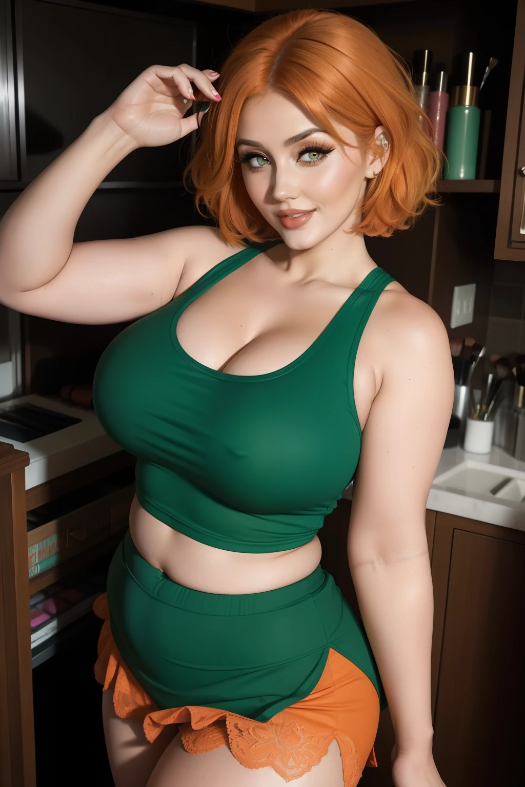 Lucy Pinder, ((VERY INTENSE MAKEUP)), lace, sexy woman, ((Chubby Woman)), orange hair, short hair, bright lipstick, tank top, green t-shirt, green skirt, cheerleader, smiling, Adele