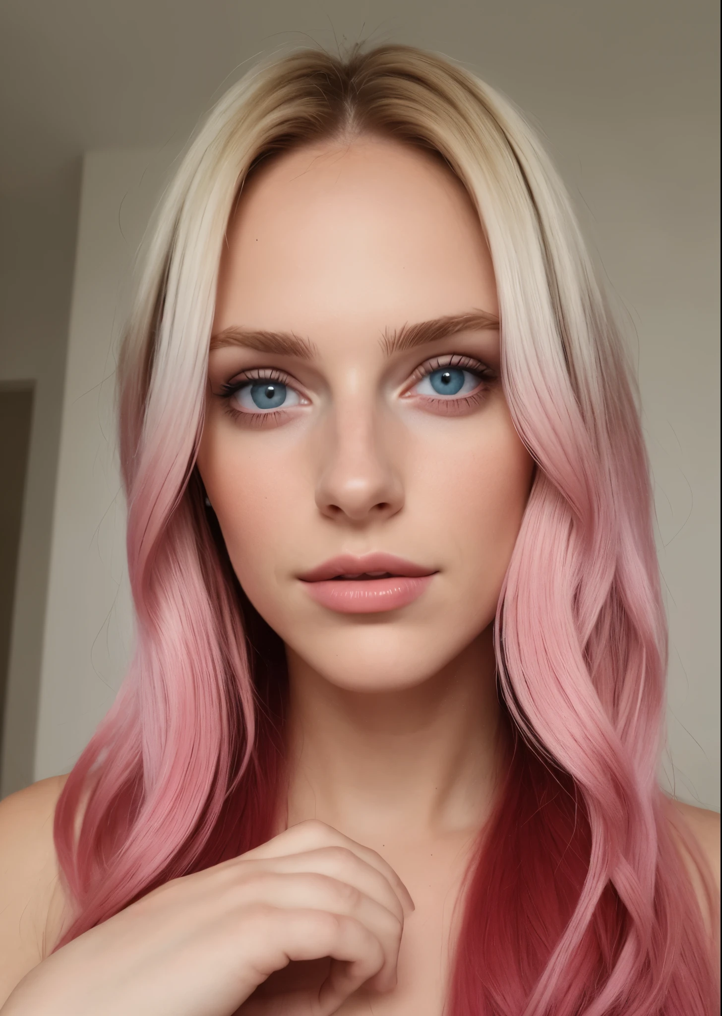 taken with iphone camera BREAK medium shot selfie of a pretty young woman BREAK (ombre:1.3) blonde pink BREAK film grain, HIGHT quality