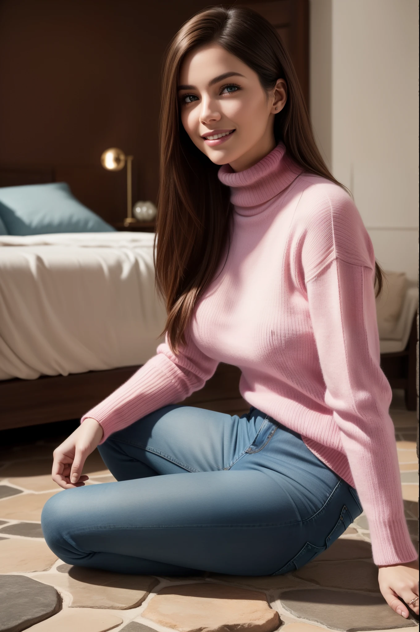 Foto hiperrealista en primer plano de Isabela Merced , masterpiece, best quality, (photorealistic:1.4), full body, (pink luxury turtleneck sweater:1.2) and (blue jeans:1.2), room, stone floor, cinematic light, beautiful woman, skinny, large breastsr, straight hair, detailed face, smile, photo taken from a distance