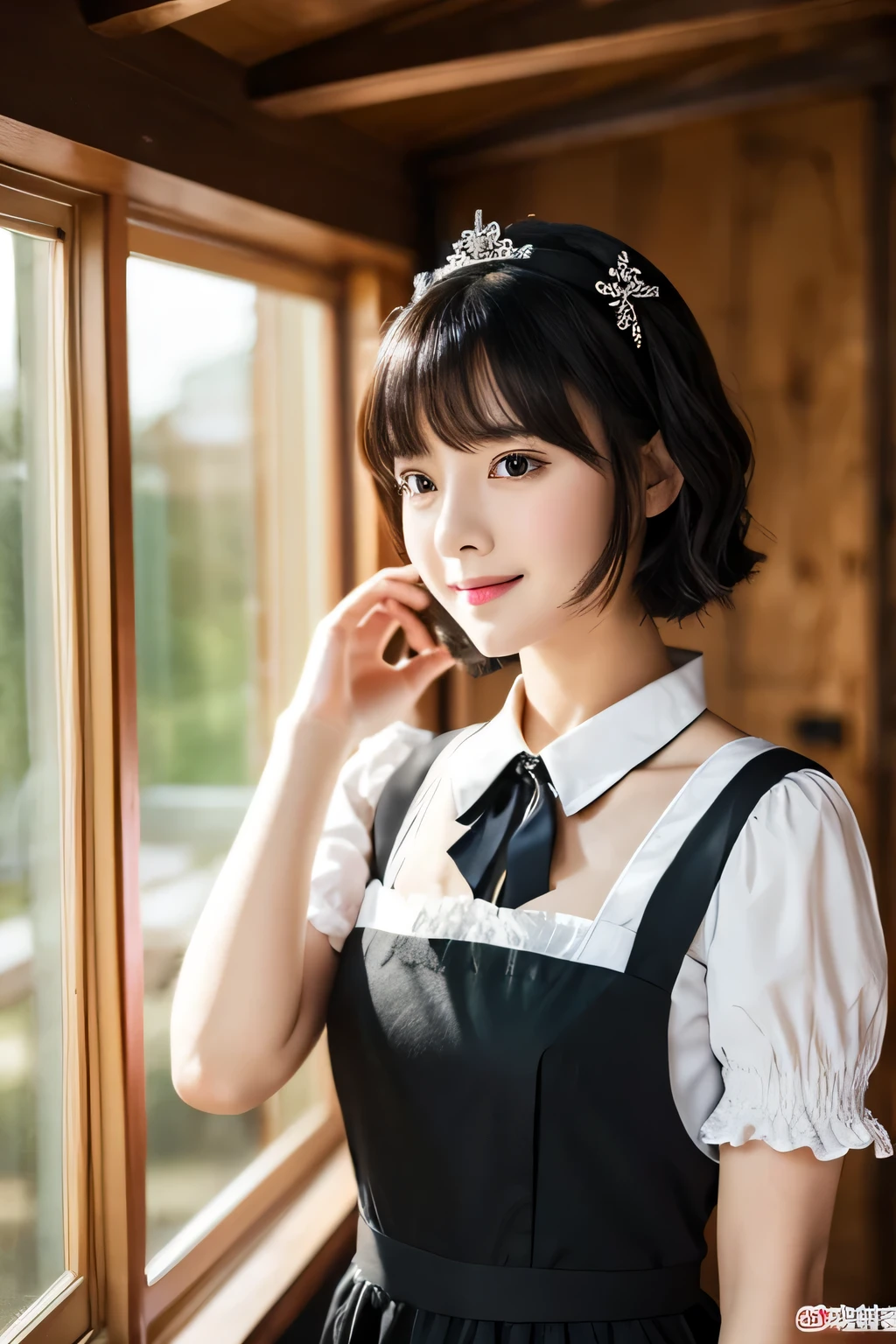 Image seen from below、one beautiful maid、short black hair、In maid clothes 、whole body、indoor、hair ornaments