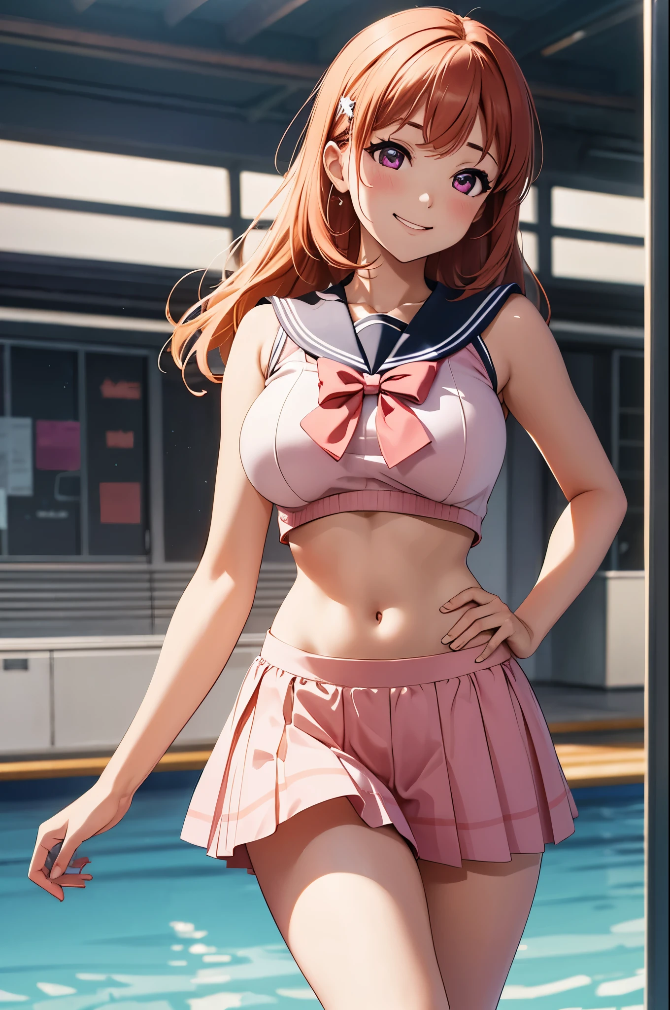 (best quality,4k,8k,highres,masterpiece:1.2), ultra-detailed,takami chika, pink eyes,sailor top, school skirt, navel, standing ,one hand on hip another hand on head,slightly excited and smile, sleeveless, thighs, cowboy shot, hair ornamen ,big breasts , navel 