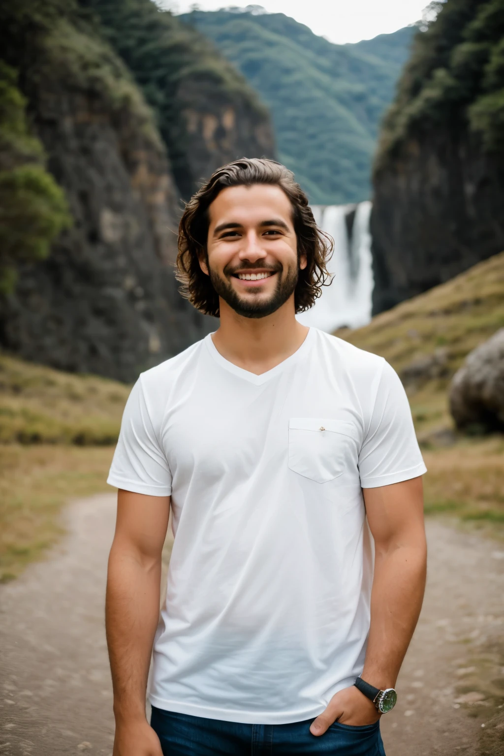 RAW photo in sequence, uma imagem de um homem adulto de 25 anos, posando de lado, cabelo curto, ((de costas, sorridente)), paisagem detalhada de fundo, cheia de natureza, planos de fundo pouco desfocados, luzes naturais, HDR, foto realista, foto profissional, visual apelativo, detalhes perfeitos, paisagista, cabelo curto e castanho, paisagem esplendida, alta qualidade, cinematic grain, Fujifilm XT3.
