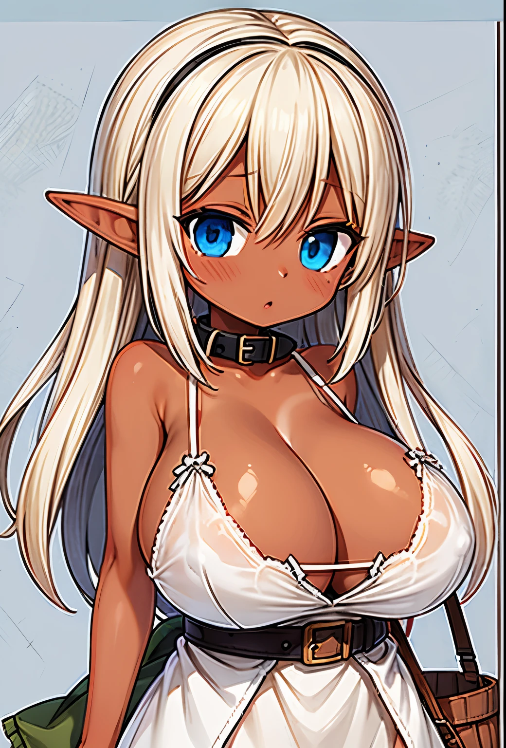 (tanned elf girl:1.2), (beige torn sack dress scratches cuts on body), (collar:1.2) (belt bra), (huge tits)