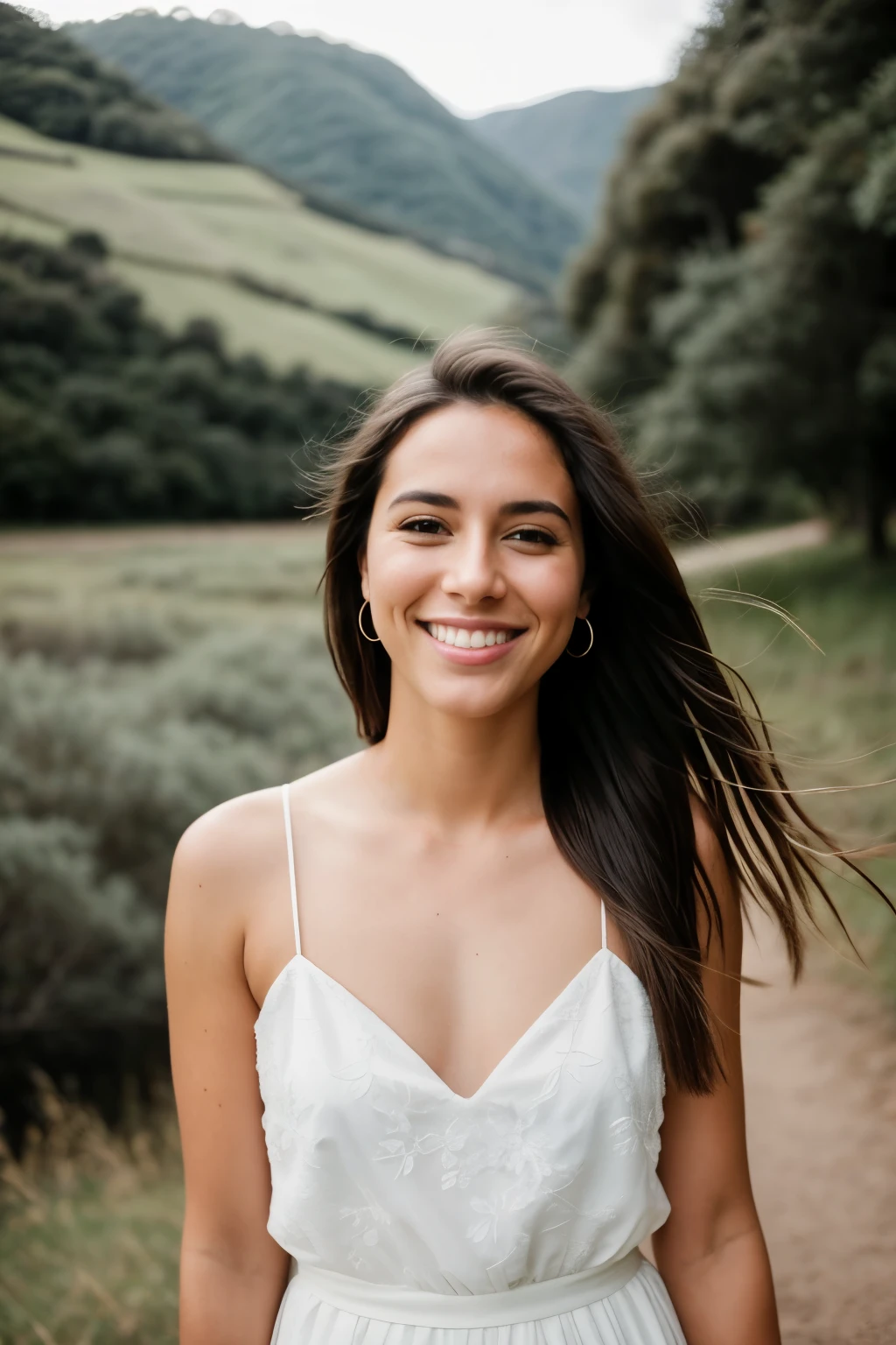 RAW photo in sequence, uma imagem de um homem adulto de 25 anos, posando de lado, cabelo curto, ((de costas, sorridente)), paisagem detalhada de fundo, cheia de natureza, planos de fundo pouco desfocados, luzes naturais, HDR, foto realista, foto profissional, visual apelativo, detalhes perfeitos, paisagista, cabelo curto e castanho, paisagem esplendida, alta qualidade, cinematic grain, Fujifilm XT3.