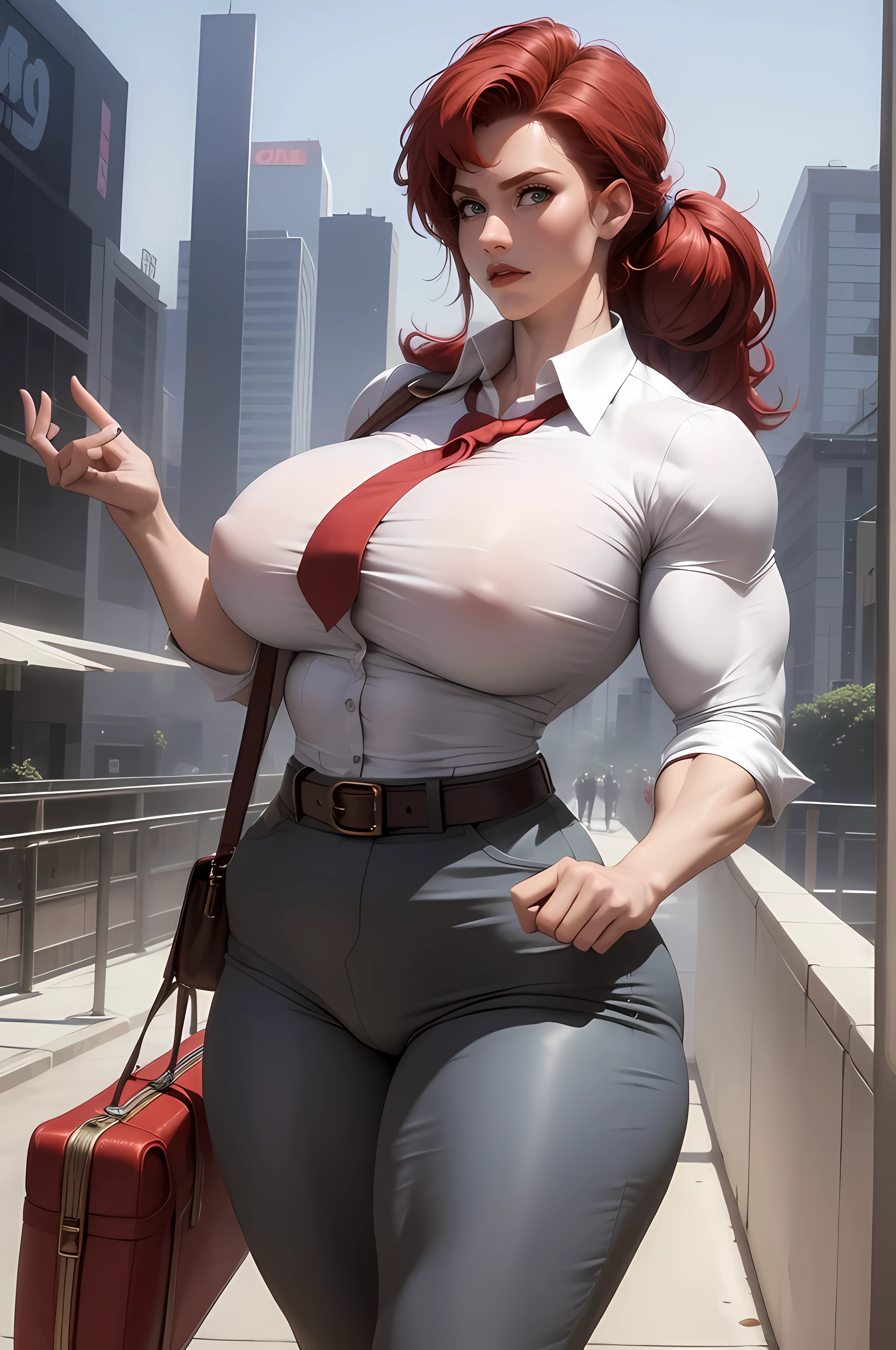 1girl, big chest, huge breasts, large breasts, curvilinear waist, thick thighs, muscular thighs, curvy body, juicy body, gigantic breasts, masssive breasts, muscle thighs, medium hair, green hair, pale skinned female, hair tied, pov vision, blue eyes, mature female, heavy breasts, full breasts, large ass, full thighs, full ass, buttoned shirt, voluptuous body, voluptuous female, abs, body focus, huge chest, large chest, large butt, large thighs, bra edge visible, teasing the viewer with her breasts, mature face, milf, curvilinear waist, juicy thighs, muscular thighs, juicy babe, office lady, office female, office pants, social belt, high waisted social pants, walking on a busy avenue, grey pants, red tie, Carrying a briefcase with documents, freckles on face, (((accurate anatomy))), (((Huge breasts))), ((long legs)), ((wide hips)), ((((Muscular Legs)))), (((((Massive Female Bodybuilder))))), (((((Huge Muscles)))))