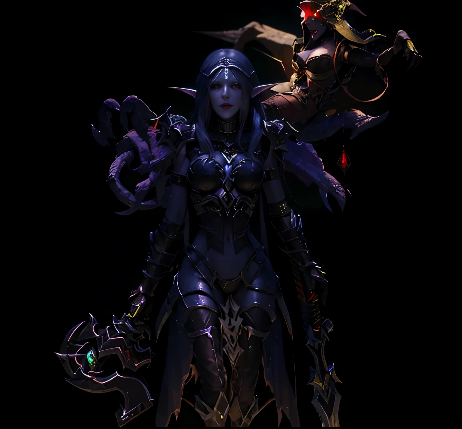 arafed image of a woman dressed in a costume with a sword, necromancer sorceress, female revenant, dark sorceress full view, death knight, undead mage, sylvanas windrunner, female necromancer, dark sorceress, dark arcanist, dark goddess with six arms, dark elf