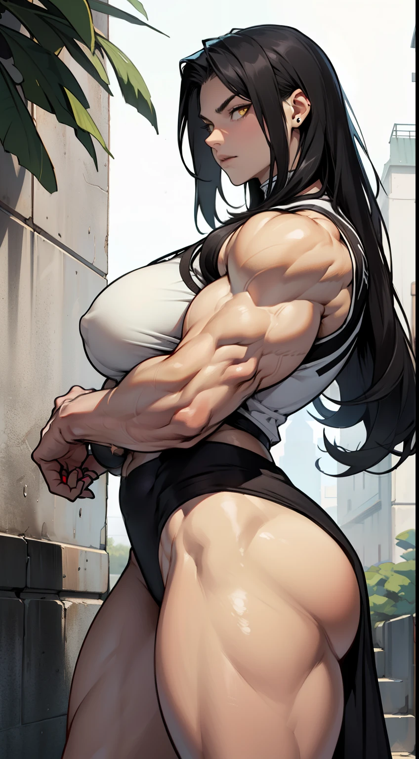 ((((1girl)))), black hair, extremely long hair, yellow eyes, ((((muscular)))), (huge breasts), (thick thighs), solo, (pale skin), cowboy shot