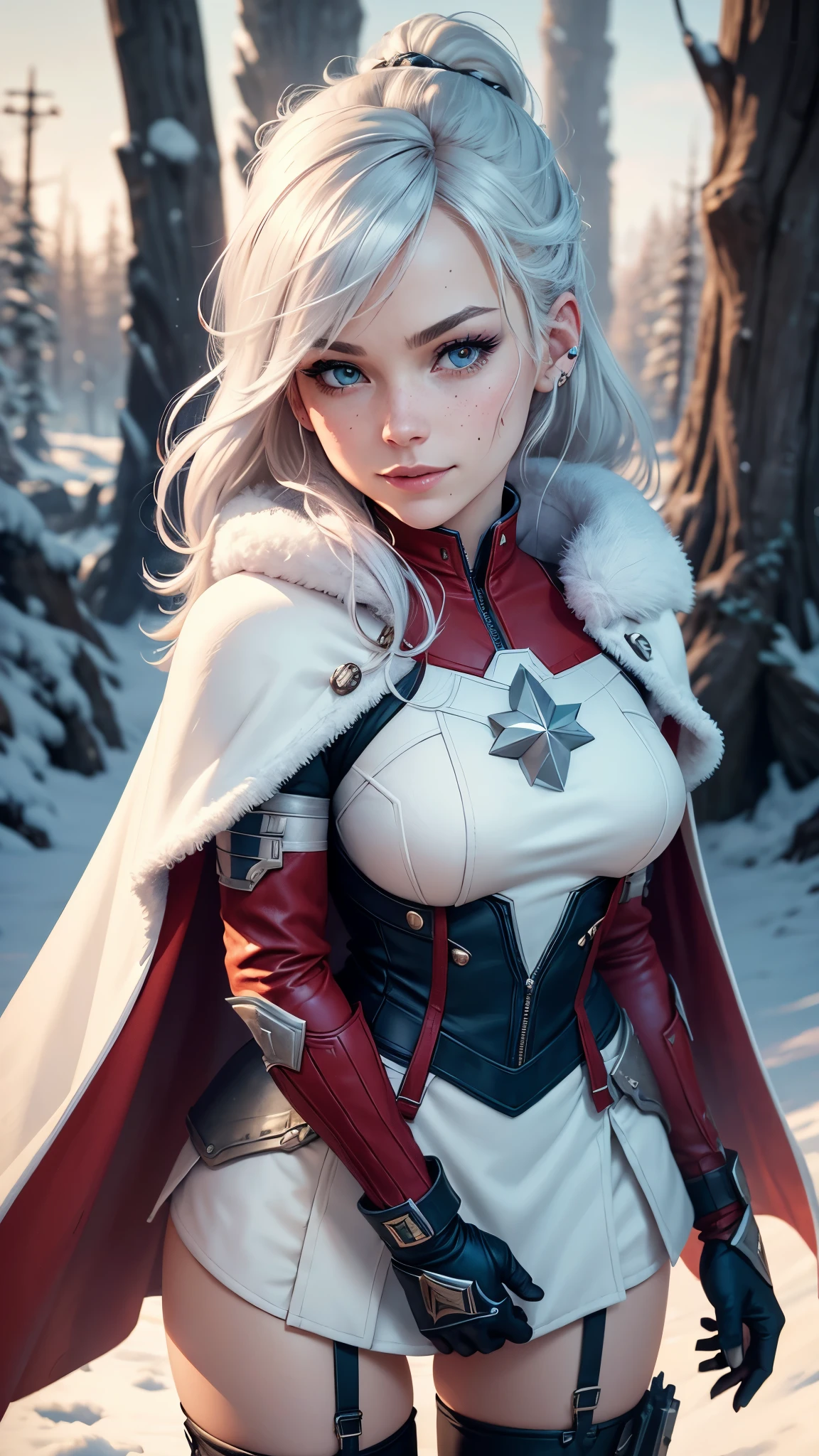 gwen tennyson,captain marvel,yorha 2b,solo girl,overwatch,atelier ryza,close up,winter forest,viking village,rune tattoos,fur and white plugsuit,winter viking linen shirt,scarlet viking cape,fur viking armor,lycra mini skirt,long dress train,short viking hair,viking makeup,blue eyes,multicolored silver hair,fur gloves,sexy smile,freckles,beautiful girl,thigh high fur boots,large breasts,8k,ultra detailed,realistic,fantasy art,viking armor,hair pin,ear piercings,(weather:windy),