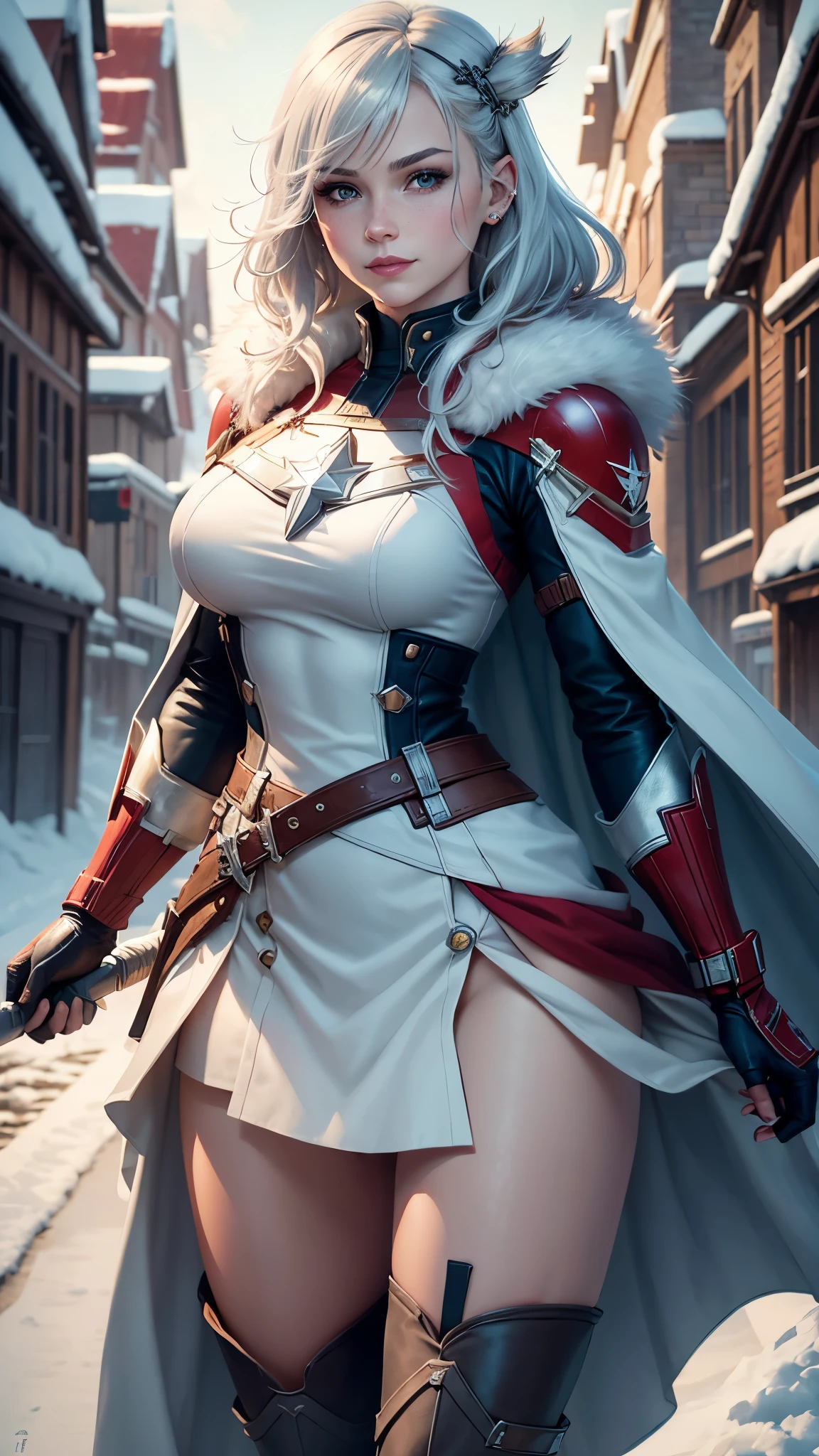 gwen tennyson,captain marvel,yorha 2b,solo girl,overwatch,atelier ryza,close up,winter forest,viking village,rune tattoos,fur and white plugsuit,winter viking linen shirt,scarlet viking cape,fur viking armor,lycra mini skirt,long dress train,short viking hair,viking makeup,blue eyes,multicolored silver hair,fur gloves,sexy smile,freckles,beautiful girl,thigh high fur boots,large breasts,8k,ultra detailed,realistic,fantasy art,viking armor,hair pin,ear piercings,(weather:windy),