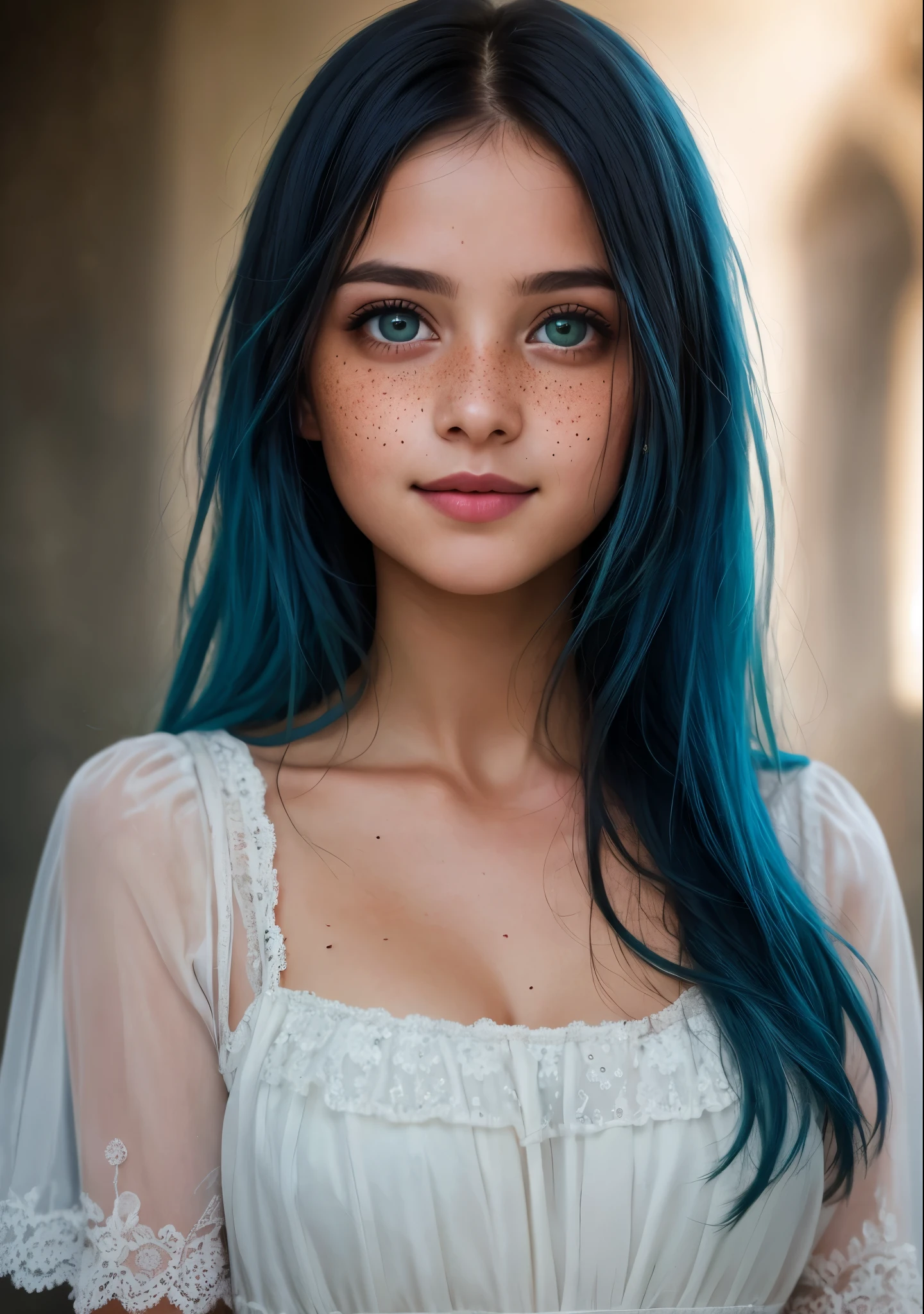 (best quality, high-quality, masterpiece:1.2, portrait, 4k full HD, half body photo) of (young girl), (redhead girl, pale skin, freckles, long hair, light smile, blushing), (beautiful girl:1.2, cute face), (most detailed photography, HD wallpaper), (??????? of light and shadow, volumetric light and shadows:1.2), (contest winner photo by lee jeffries, Greg Rutkowski and Magali Villanueva)
full body shot. a ultra real full body shot photo of 22 years old woman, little smile, green eyes. Long blue hair, dress, At the background a ultra close up macro details, ultra contrast, of ultra dark decor. Intricate details of her beautiful eyes and perfect face. The most beautiful girl.