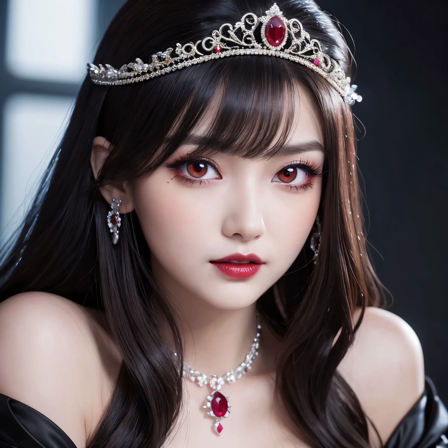 highest quality、masterpiece、8K、Award-winning work、hyper realism、vampire princess、perfect vampire、恐ろしいvampire princess、Natural forehead、spooky、white skin、evil makeup、(close-up photo of face)、(Composition that perfectly fits the face)、beautiful professional composition、the most detailed and beautiful face、a merciless look、look at me、long eyelashes、spookyなメイク、black lips、eye shadow、艶のあるblack lips、Finest super high detail skin、The most detailed eyes、(The most luxurious and highest quality giant tiara、The most luxurious and highest quality giant necklace、The most luxurious giant ruby、most luxurious jewelry decoration、black most luxurious finest princess dress)、cleavage、pitch black background、dark、Beautiful long wavy hair、(bright red eyes:1.1)、(deep red contact lenses:1.1)、beautiful teeth slightly visible