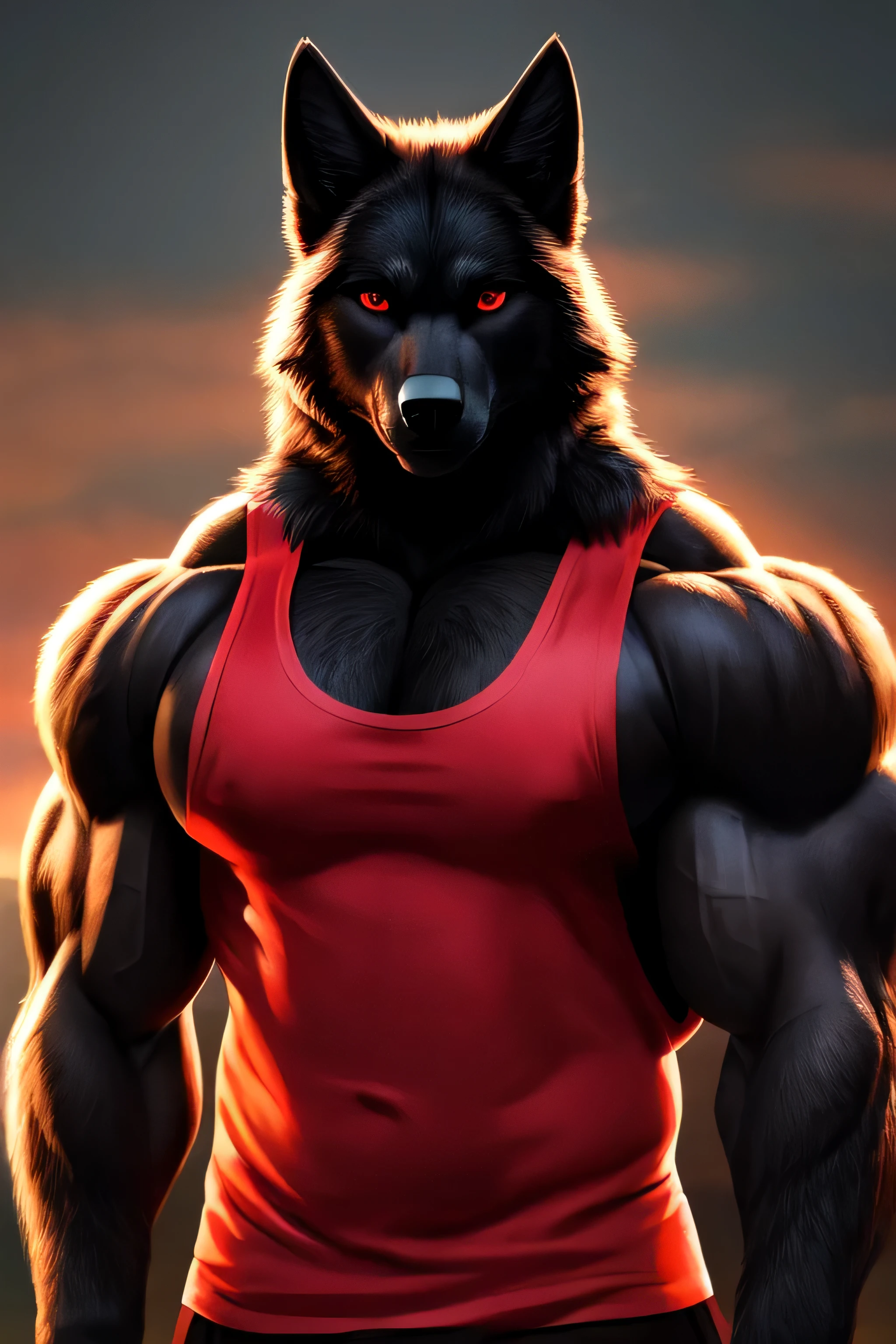 Black Wolf bodybuilder, red eyes, wearing tank top, wide shoulders, looking towards the camera