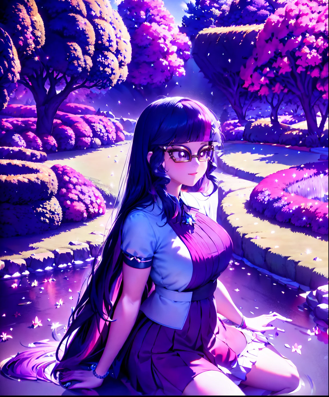 Twilight sparkle, twilight sparkle from my little pony, twilight sparkle in the form of a young woman, big breasts, lush breasts, ((threes tones of hair, indigo straight hair with purple and pink stripes)), in a garden, purple and pink flowers, solo, one character, pink and purple dress: 1.5, long sleeves, thin, purple eyes, gentle smile, beautiful detailed garden: 1.5, under a trees, jacaranda trees: 2.5, sitting on grass, lavender flowers every: 1.5, purple skirt with white stars: 1.5, so many connected ponds with lily pads and flowers on it beautiful pond: 2.0,, lily pads, lilac flowers everywhere: 2.0, extremely long hair, DUSK: 2.0, twilight time: 2.0, bright glowing purple evening sky, ethereal sky, purple thigh high, highly detailed legging, she is sitting by the ponds, reflection on water, stars, bright glowing shimmering stars, vibrant atmosphere: 1.0, breath taking scenery: 2.0, HIGHLY DETAILED LIGHTING:1.0, dramatic lighting, so much foliage, different varieties of colorful flowers all around her those flowers attract butterflies, highly detailed butterflies,  