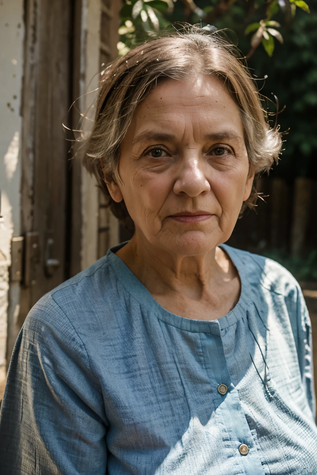 outside, old woman, selfie, wide shot, bright background, serious, evenly lit, no hands