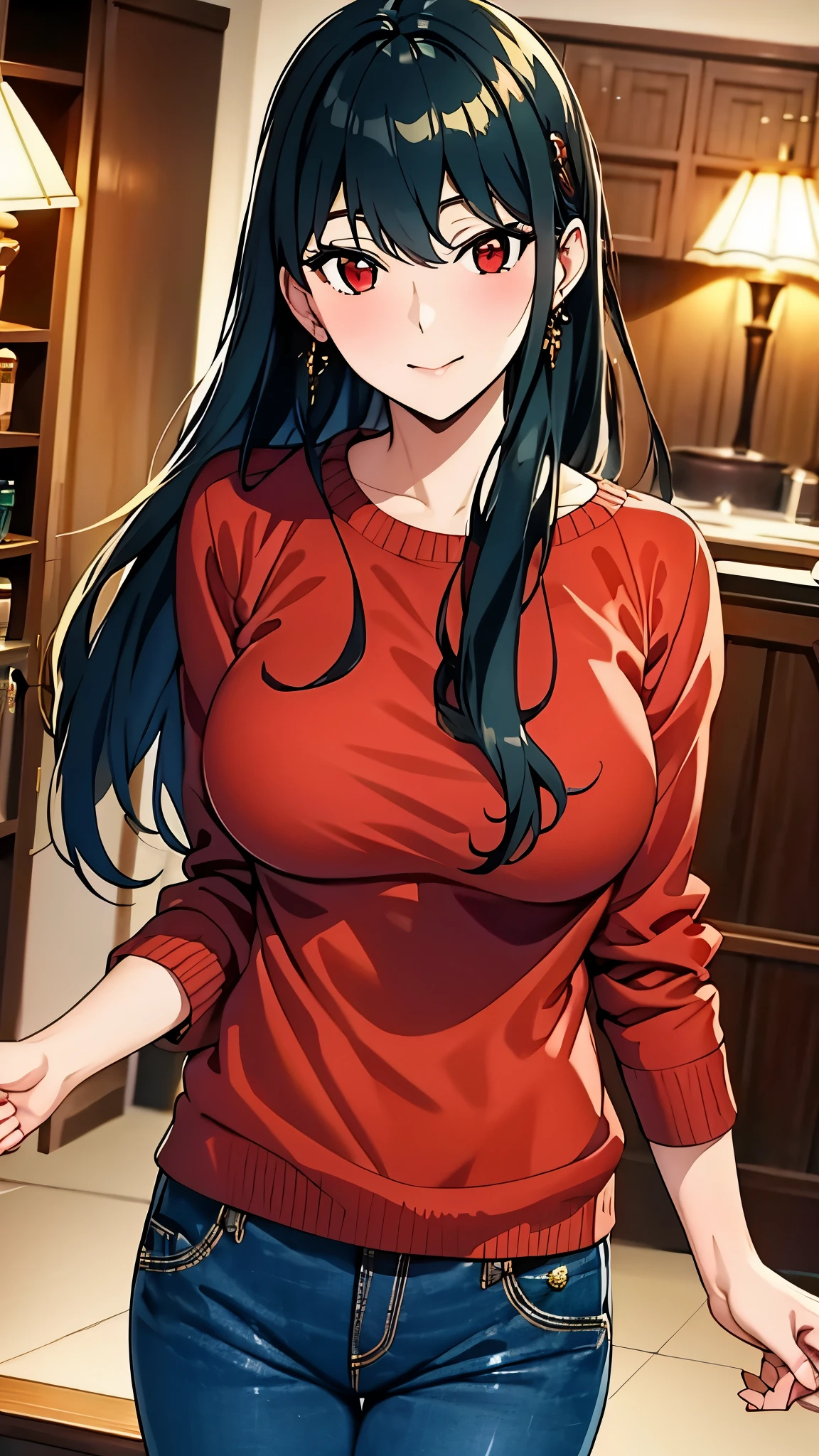 (Yor Briar), 1girl, (solo), (masterpiece:1.35, best quality), ((finely detailed beautiful red eyes:1.45)), red eyes, ((hair)), (black hair); red sweater , ((jeans long)), anatomia perfeita 