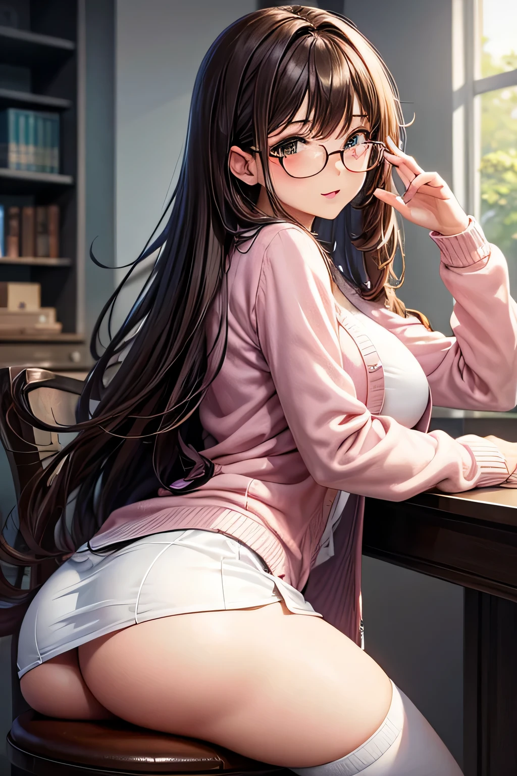 High resolution, high quality, 1 girl, anime girl, Brown hair long hair, brown eyes, green glasses, sunburned skin, big breasts, (big ass),pink cardigan,white draped skirt,white knee socks,lower body,straddle the chair,