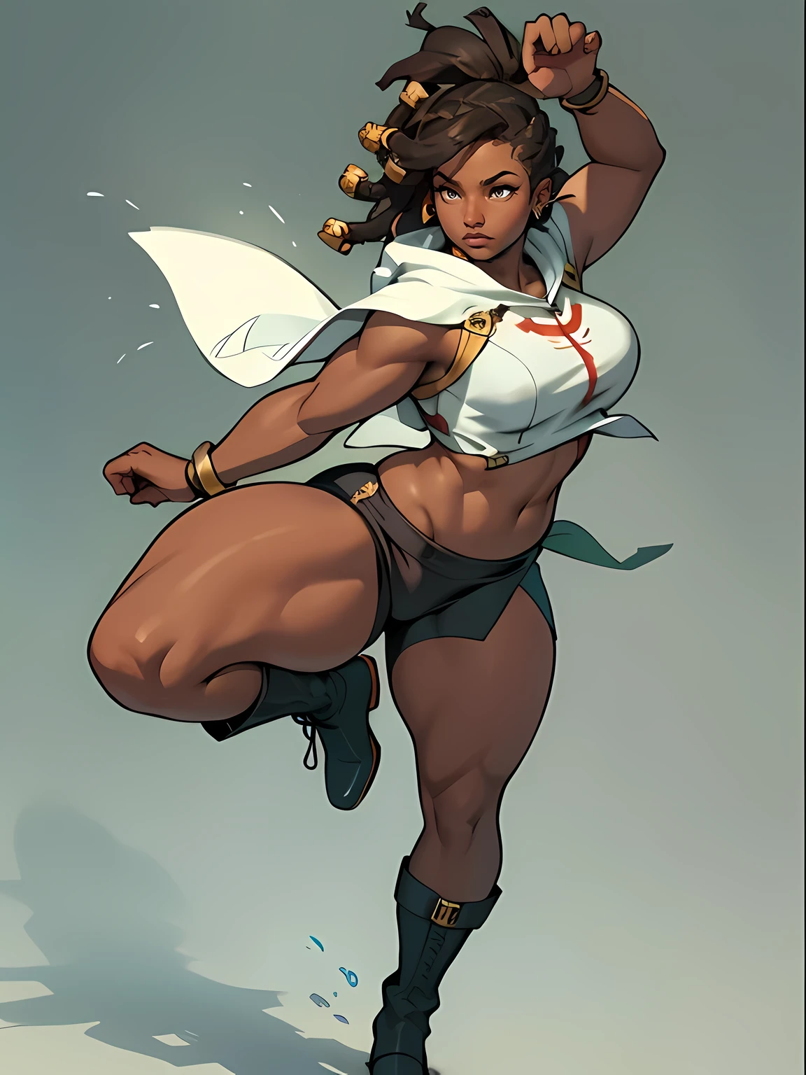 1girl, brown skin, perky breasts, (thick thighs), (chubby), full martial arts gi, boots, arm bands, makeup, earrings, solid background, full body,

((masterpiece))