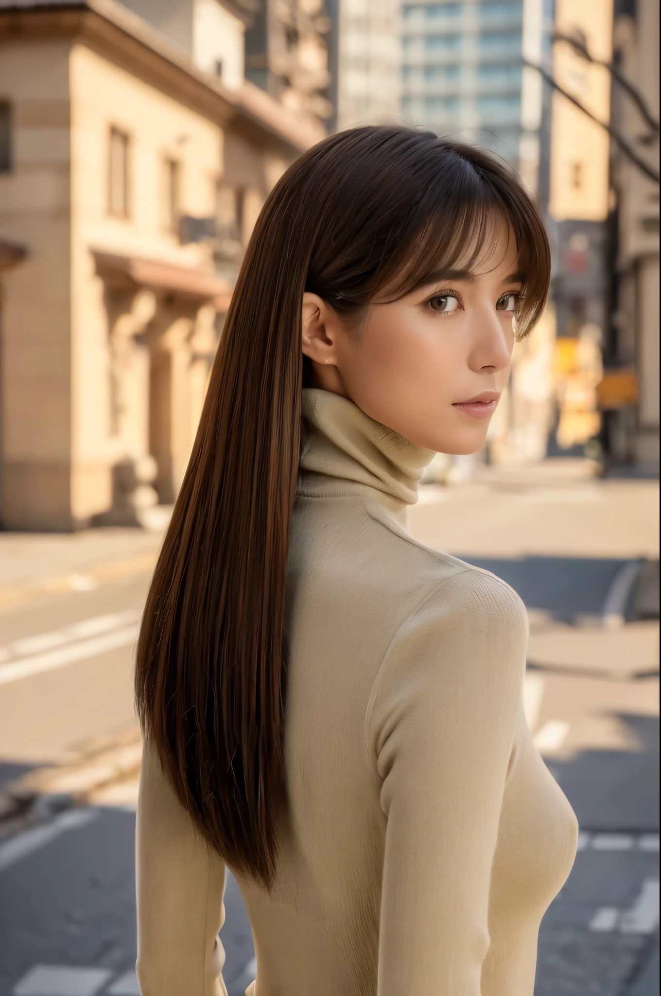 ((top-quality, in 8K, masterpiece:1.3)), Beautiful Japanese woman, perfect body:1.4, Slim abs:1.2, ((Straight hair:1.2)), (turtle neck:1.1), (a street:1.2), wetbody:1.5, Three-dimensional texture, A detailed eye, Brown hair, very thin waist, posterior view, looking back to the viewers