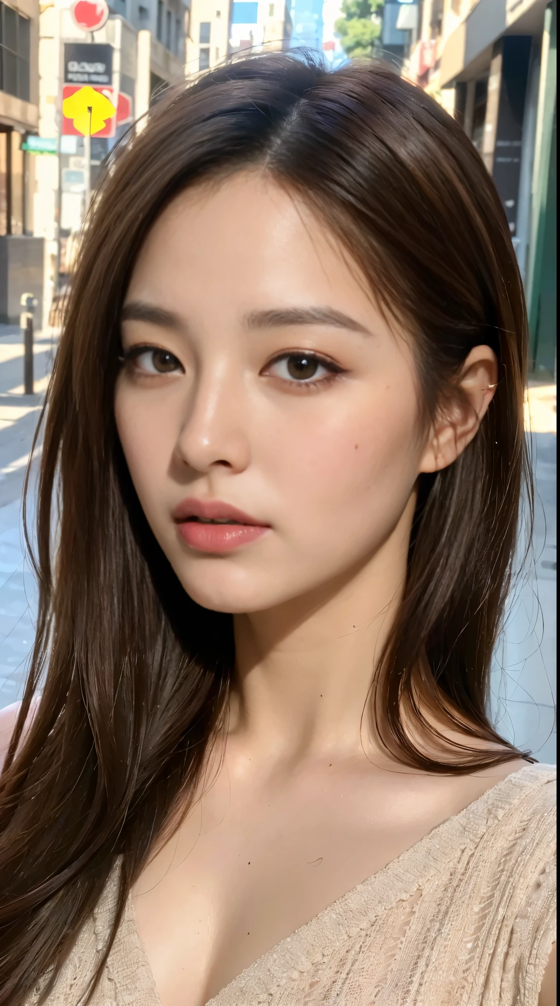 ((highest quality, 8K, masterpiece: 1.3)), sharp focus: 1.2, beautiful woman with perfect style: 1.4, thin abs: 1.2, ((dark brown hair, big: 1.2)), (Natural light, city street: 1.1), Highly detailed face and skin texture, fine eyes, double eyelid, open your mouth, gentle eyes