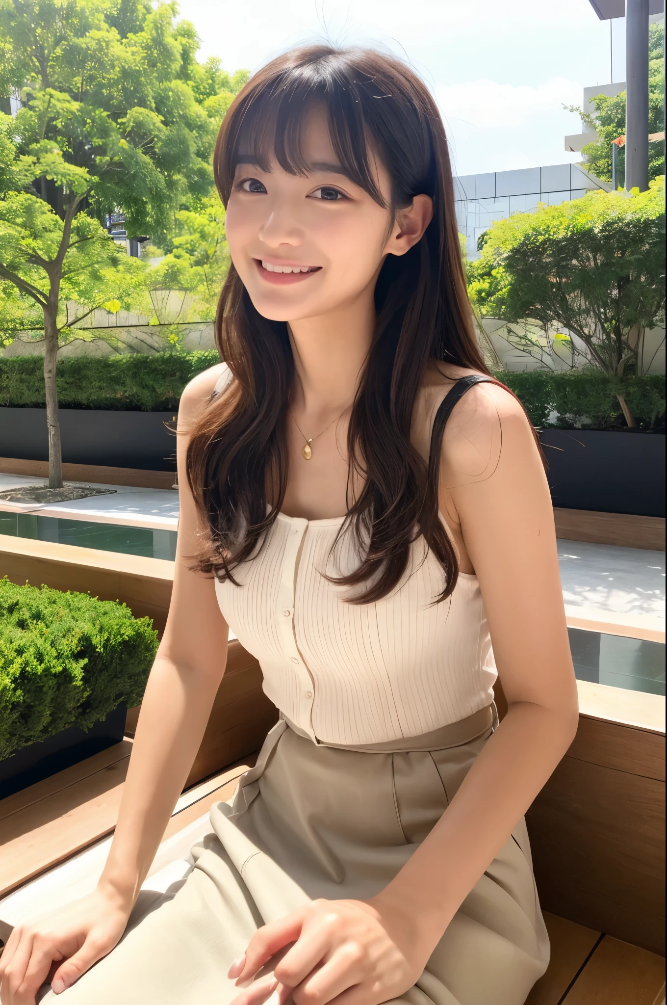 Female Japanese sitting on café terrace、Elegant、Girl with long curly hair、turn、off shoulders、large round eyes、Sunlight、with round face、Wide Double Width、Crisp double、With bangs、Brown eyes、narrow forehead、a 、Tear bag、smile、Large front teeth are slightly visible、long  skirt、