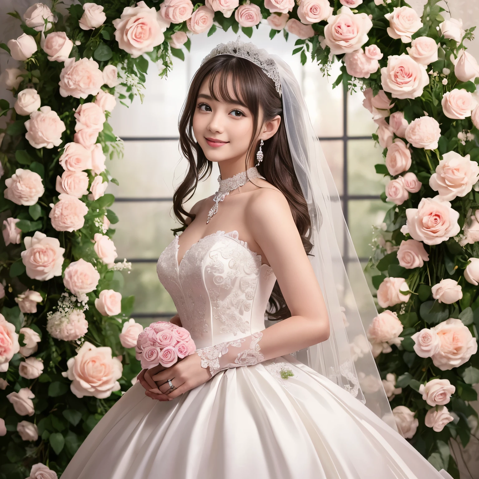 (table top、highest quality、8K、very detailed and intricate details、The most complex and detailed textures、ultra high resolution)、(very young girl in a wedding dress:1.2)、bride'upper body photo、perfect gas chamber、the best smile when you look at me、highest qualityの巨大なティアラ、highest qualityの巨大なネックレス、(giant rose decoration:1.3)、(surrounded by many roses:1.3)、(bride filled with lots of roses:1.3)、surrounded by flowers、(bride surrounded by lots of pink and white roses:1.2)、detailed background