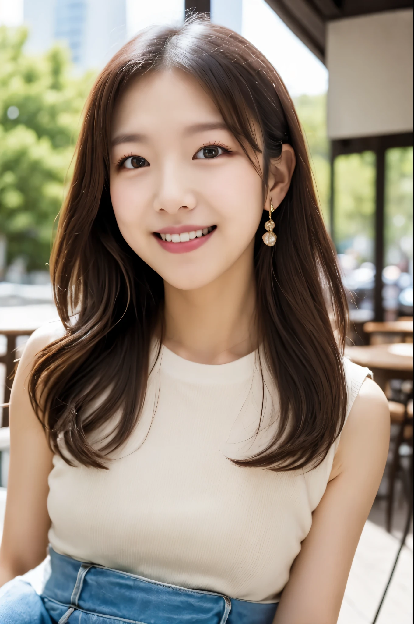 Female Japanese sitting on café terrace, Elegant, Girl with long curly hair, turn, off shoulders, large round eyes, Sunlight, with round face, Wide Double Width, Crisp double, With bangs, Brown eyes, narrow forehead, a baby face, Tear bag, smile, Large front teeth are slightly visible, long skirt, 