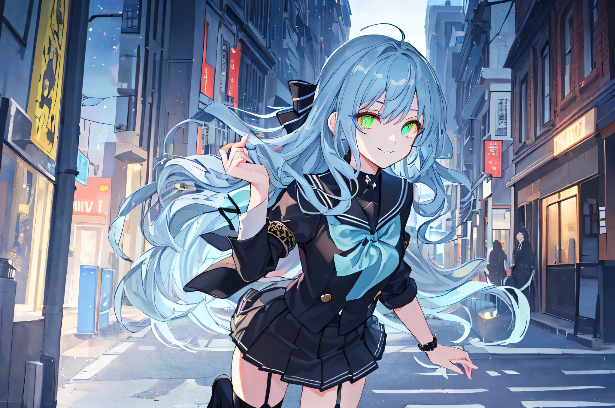 urban background,original,(figure:1.1),(highest quality),(masterpiece:1.1),(Highly detailed CG Unity 8K wallpaper:1.1), (colorful:0.9),(mid shot:0.95),(highly detailed beautiful face and body),(alone:1.2), (girl),(((adult))), (detailed beautiful eyes:1.15), (beautiful face:1.15), (glowing green eyes:1.25////),((eyes like jewels)),(),(cute girl),(((Blue Medium Hair))),(wavy hair),((wavy hair)),(+perfect hands+:1.21),(Gothic uniform),(Religious),(thin),(black clothes),(Gothic Ribbon),ribbon tie,small breasts,mini skirt,gothic boots,black stockings,Because I'm slender,(evil smile),detailed background,city street,escape,