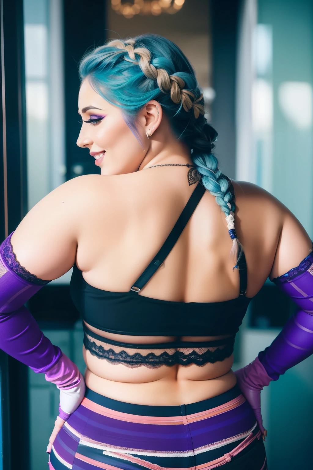 Lucy Pinder, ((VERY INTENSE MAKEUP)), lace, sexy woman, ((Chubby Woman)), blue hair, long hair, braid in hair, black crop top, striped pants, lilac pants, smiling, Adele, gloves blacks, back.