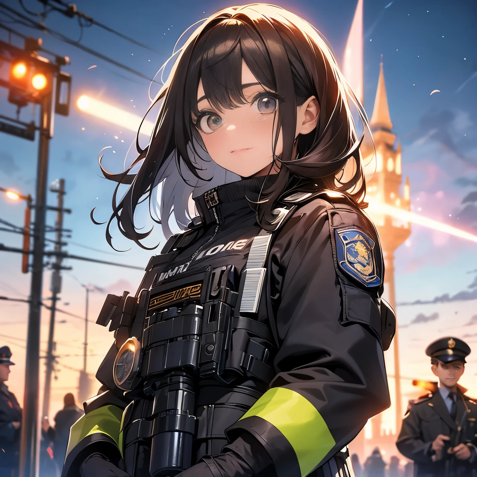 Jovem de aproximadamente vinte e cinco anos, pele morena bem clara, olhos castanhos arredondados marcante, with big eyelashes , medium and straight brown hair, female police officer, farda estilo Swat