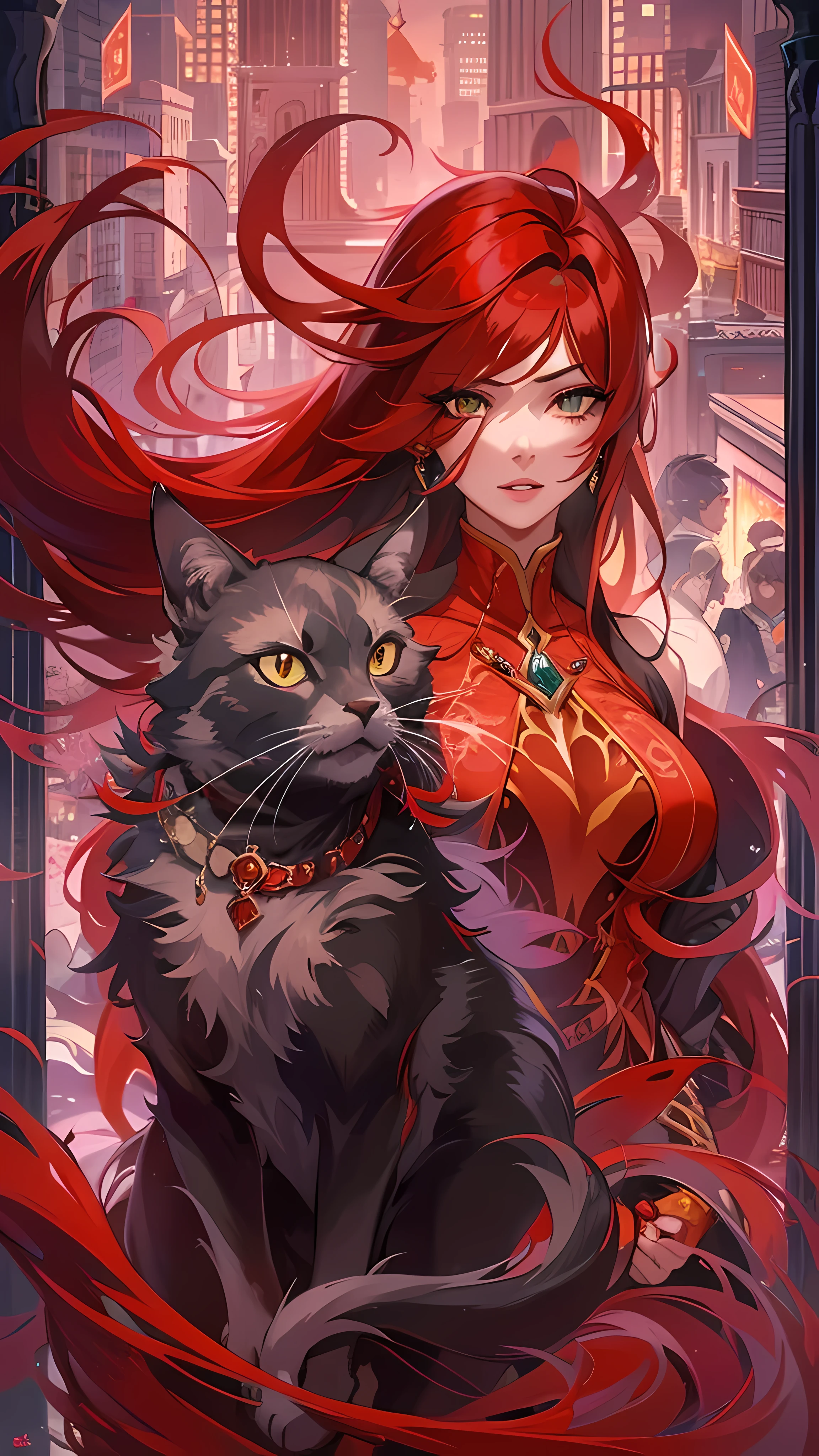 chef-d'œuvre, ultra-détaillé, représentation d'une femme respirant la force et l'allure, avec de longs cheveux flottants et une tenue dans des tons de rouge saisissants, symbolisant le pouvoir et la passion. Son attitude est confiante et autoritaire, sa présence dominant la pièce avec une aura d'autorité. A ses côtés, un chat noir aux yeux verts perçants et à deux queues, ajouter un élément de mystère et d'intrigue à la scène. Le contraste entre l'énergie fougueuse de la femme et la présence énigmatique du chat crée une atmosphère captivante., mélanger les éléments du pouvoir, Élégance, et mystique.