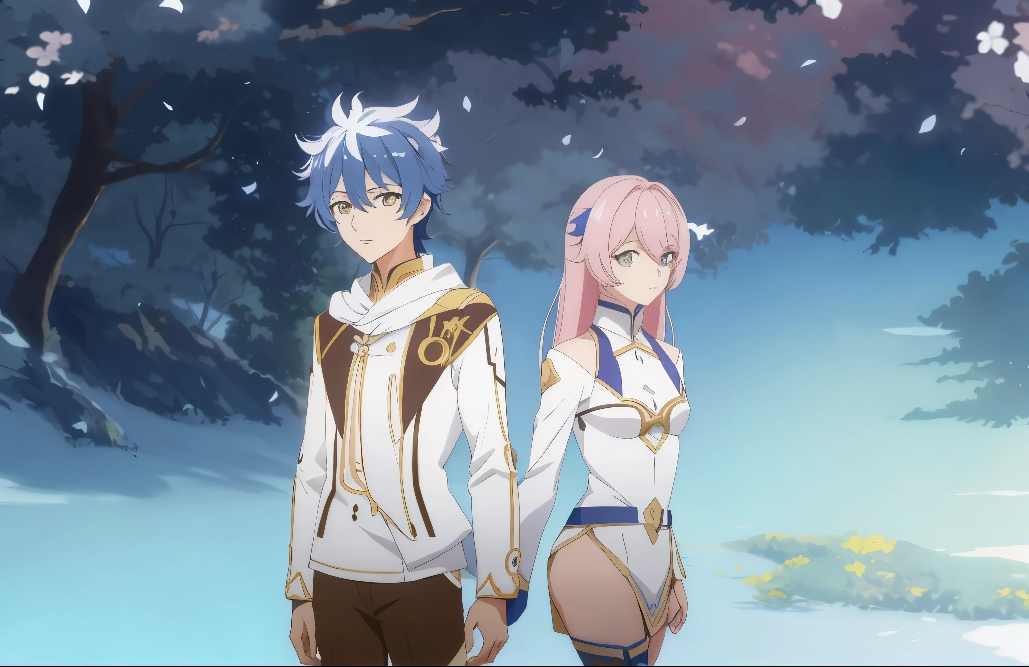 anime characters standing in front of a tree with a blue sky, knights of zodiac girl, anime lush john 8k woods, official art, genshin, medium shot of two characters, hero 2 d fanart artsation, tsuaii, official illustration, visual novel cg, anime in fantasy style, game art!!, ethereal anime, stylized anime, 4k, muitos detalhes, altamente detalhado, olhos detalhados, muitos detalhes nos olhos, olhos castanhos