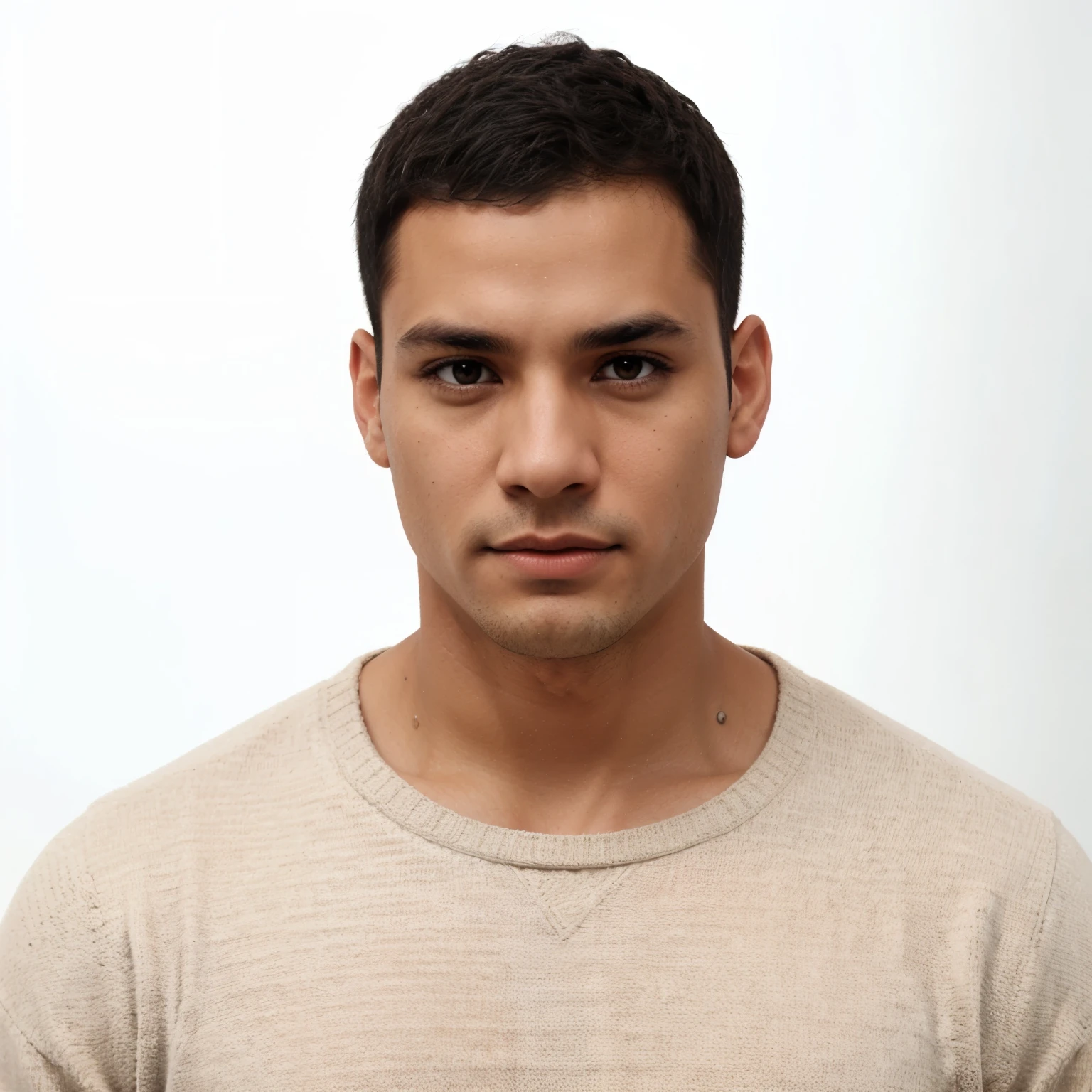 latin man, crew cut, brown eyes, Black sweater, white background