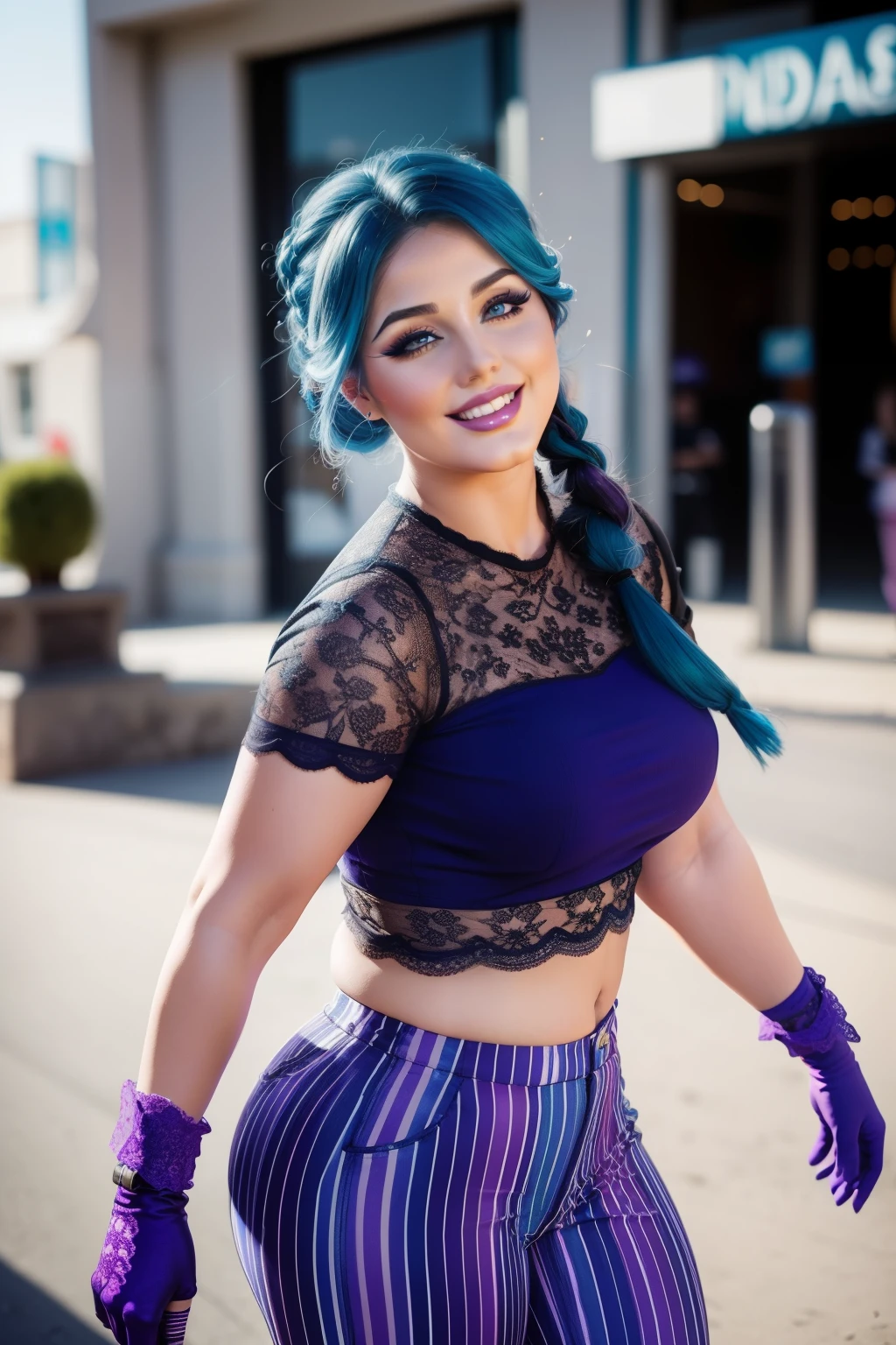 Lucy Pinder, ((VERY INTENSE MAKEUP)), lace, sexy woman, ((Chubby Woman)), blue hair, long hair, braid in hair, black crop top, striped pants, lilac pants, smiling, Adele, gloves blacks, back.