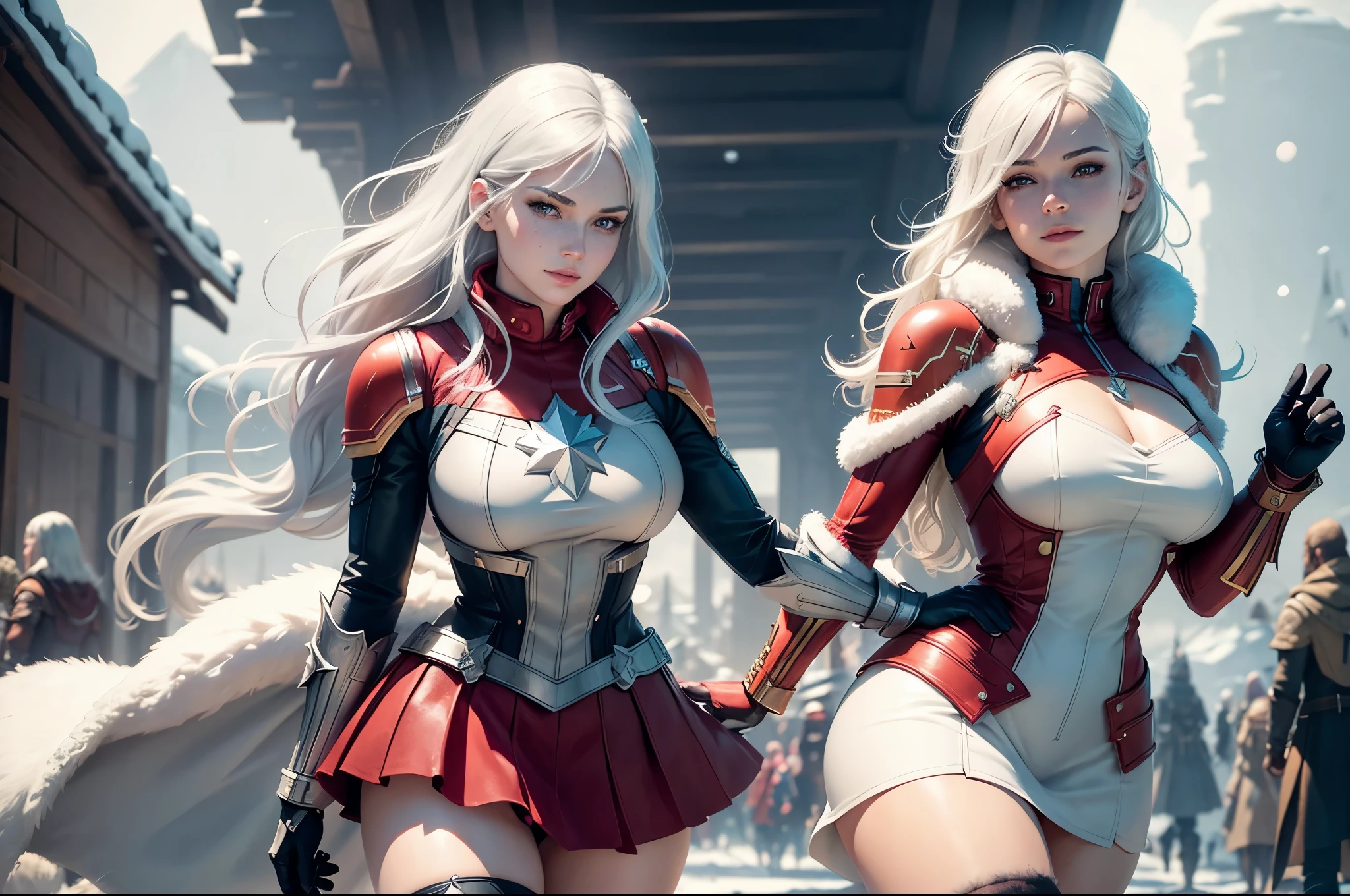 gwen tennyson,captain marvel,yorha 2b,1girl,overwatch,atelier ryza,close up,winter forest,viking village,rune tattoos,fur and white plugsuit,winter viking linen shirt,scarlet viking cape,fur viking armor,lycra mini skirt,long dress train,short viking hair,viking makeup,blue eyes,multicolored silver hair,fur gloves,sexy smile,freckles,beautiful girl,thigh high fur boots,large breasts,8k,ultra detailed,realistic,fantasy art,viking armor,hair pin,ear piercings,(weather:windy),