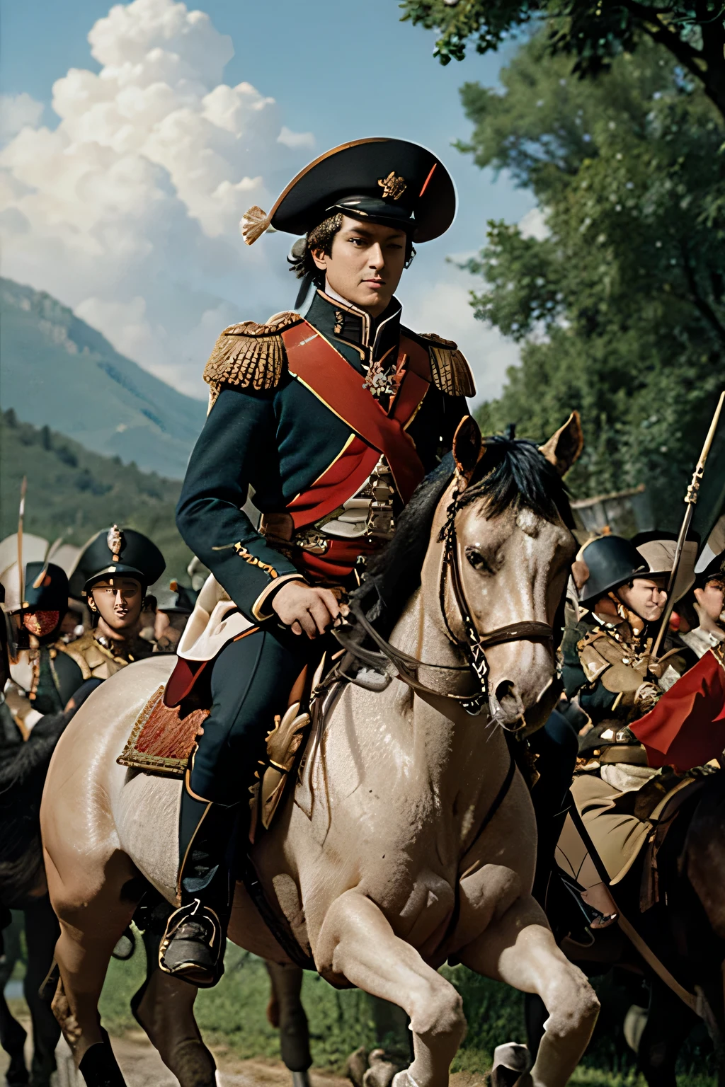 Napoleon leading a large army and giving command of the attack, todos montando a cavalo