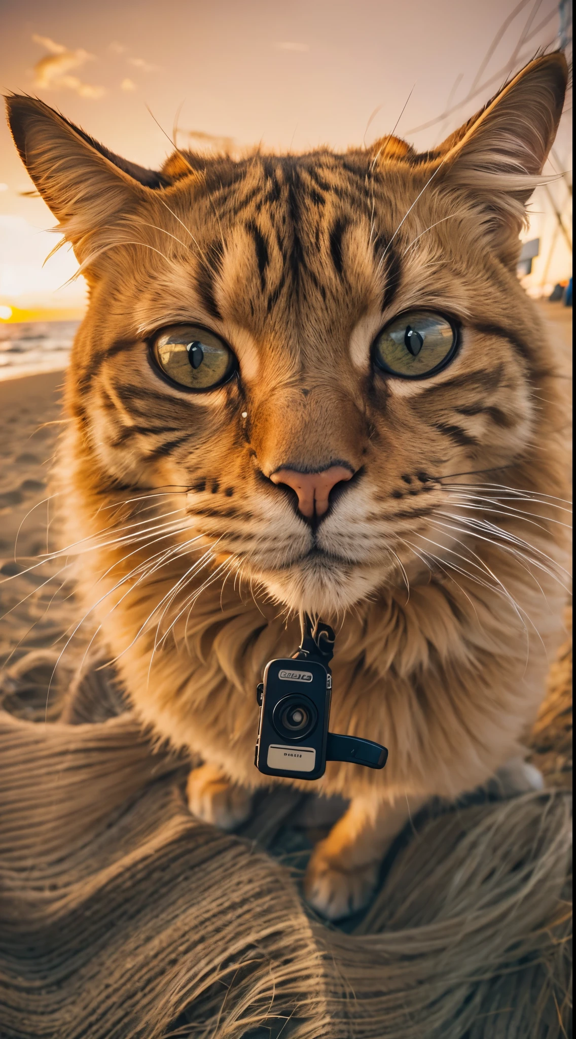 a big fluffy yellow cat taking selfie in a beach, sunset, fisheye lens, establishing shot, pastel color grading, depth of field cinematography effect, film noir genre, 8k resolution, high quality, ultra detail
