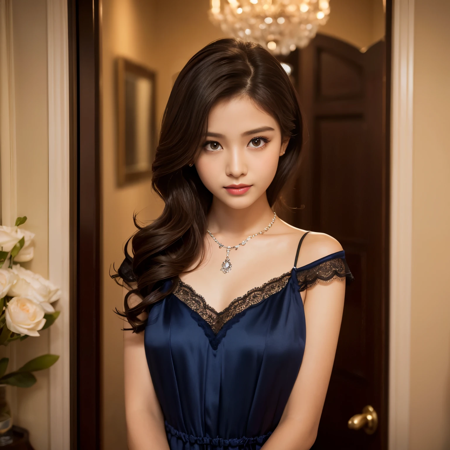 (highest quality、table top、8K、best image quality、hyper realism)、(One very beautiful girl:1.3)、(wearing a navy nightgown)、Moody warm lighting、romantic lighting、highly detailed face、Photo above the waist、A faint smile stares at me、accurate anatomy、high definition beautiful skin、Very short wavy hair、lipstick、plump lips、perfect makeup、long eyelashes、eye shadow、small diamond necklace、(Standing elegantly at the entrance of the room:1.1)、Large luxury bedroom、epic movie lighting、photo portrait、very romantic atmosphere、perfect composition