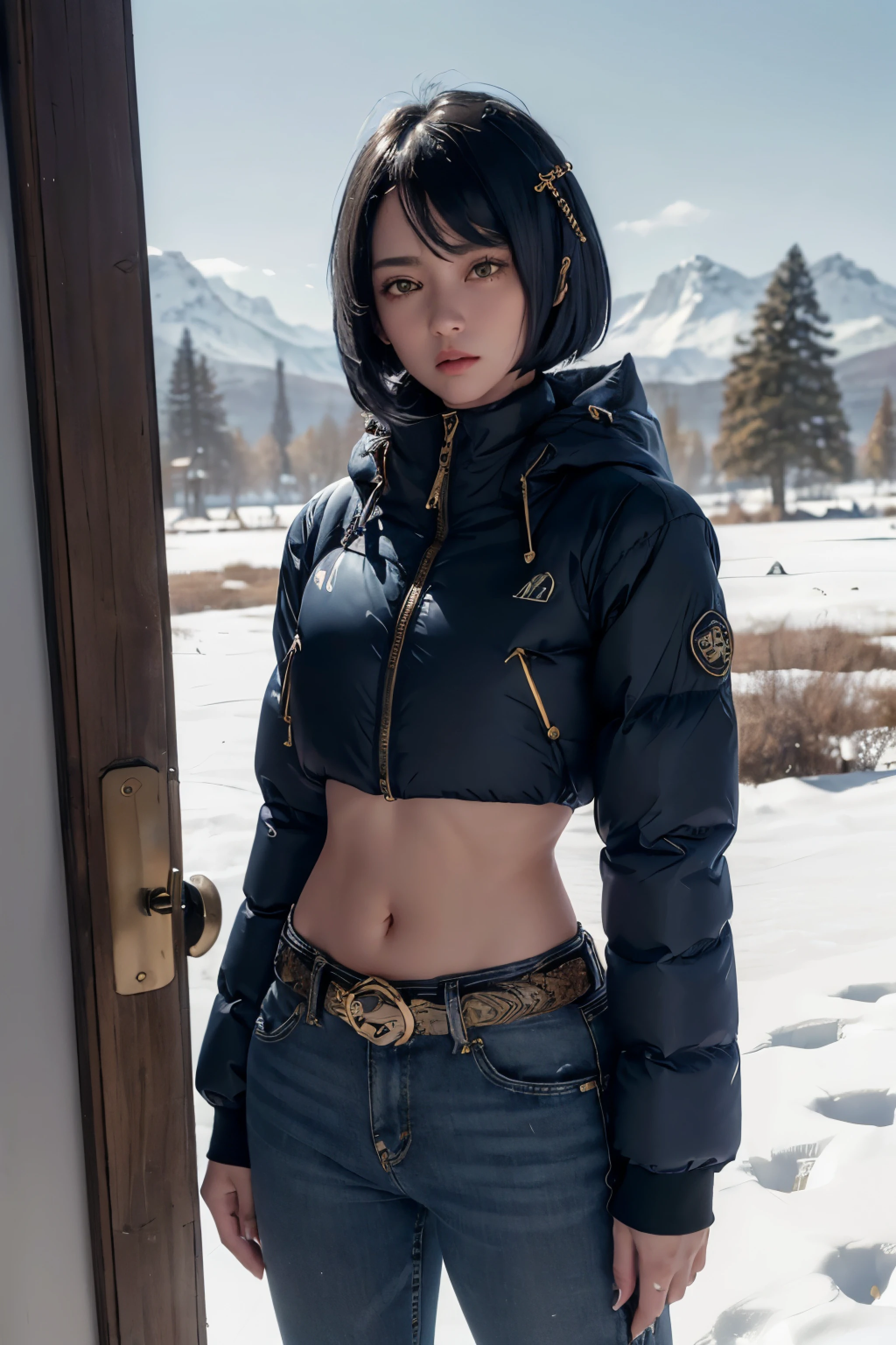 ((White long sleeved puffer parka, long dark blue jeans, gold belt)), ((midriff, navel)), looking at viewer, snow field (cinematic lighting, best quality, masterpiece, high details, best quality, highres, HD, 4K, 8k, super detail), (kujou sara:1.3), mask on head, blue hair, short hair, yellow eyes