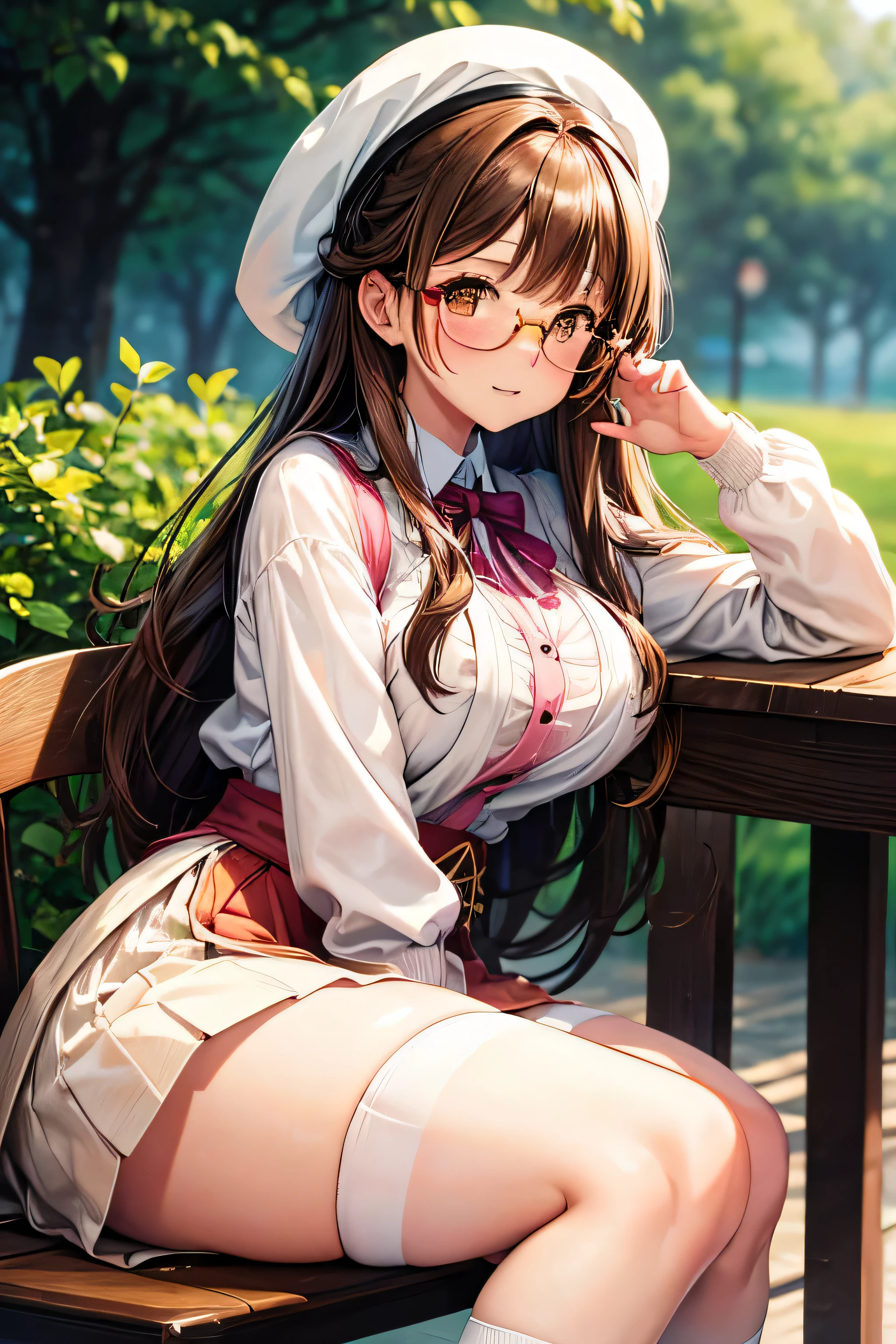 High resolution, high quality, 1 girl, anime girl, Brown hair long hair, brown eyes, green glasses, tanned skin, big breasts, (big ass),pink cardigan,white dirndl skirt,white knee socks,Upper body,close,sit on a chair,