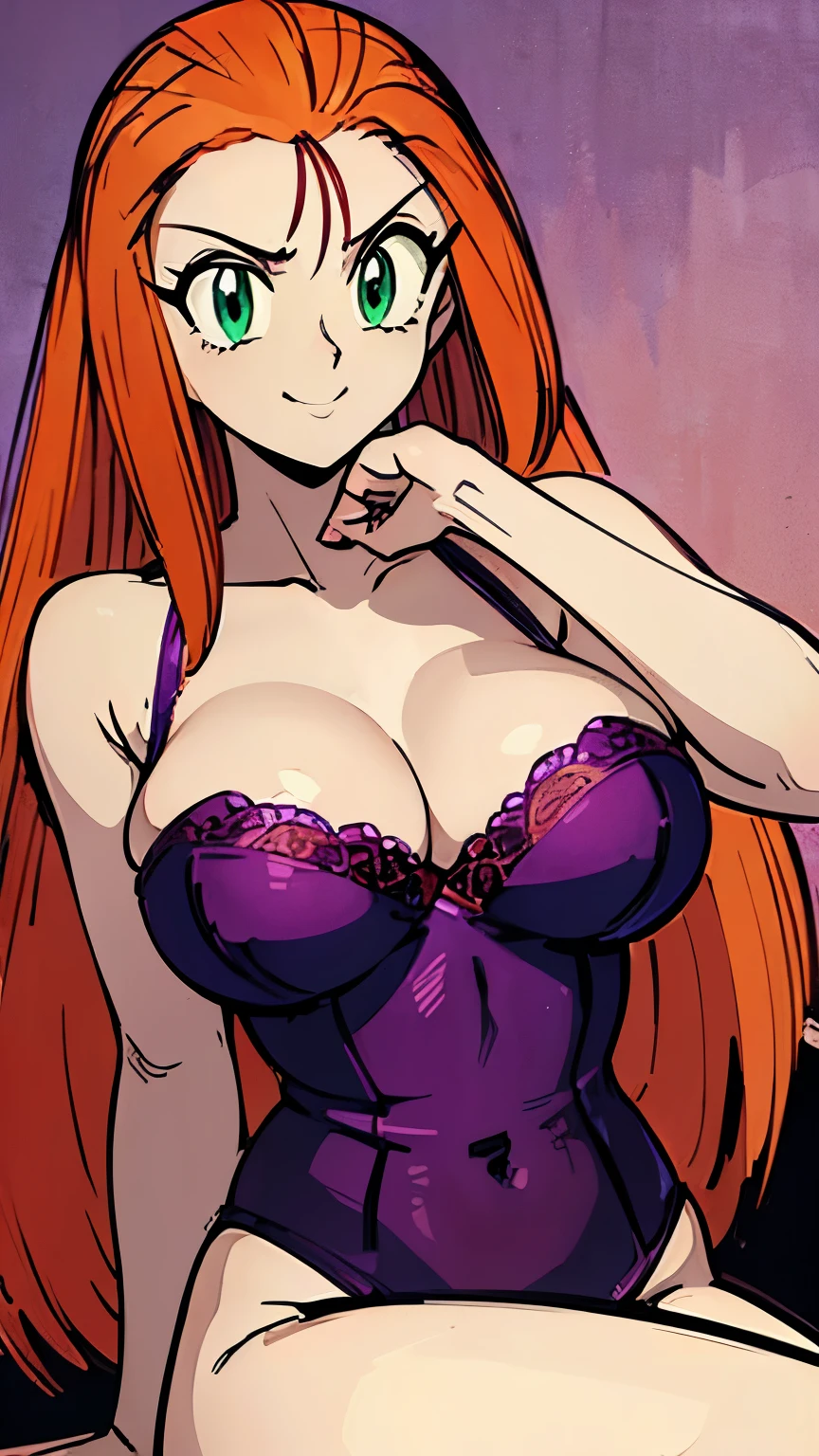 ((masterpiece)), ((best quality)), ultra detailed, detailed background, orange hair, extreme large breast, long hair, bedroom background, view from top, sexy thin purple intricate lingerie , highest details, sexy, focus, Alluring, ((POV)), (((breasts focus))), enjoying the moment, happy, sexy smile, green eyes, sitting in my lap