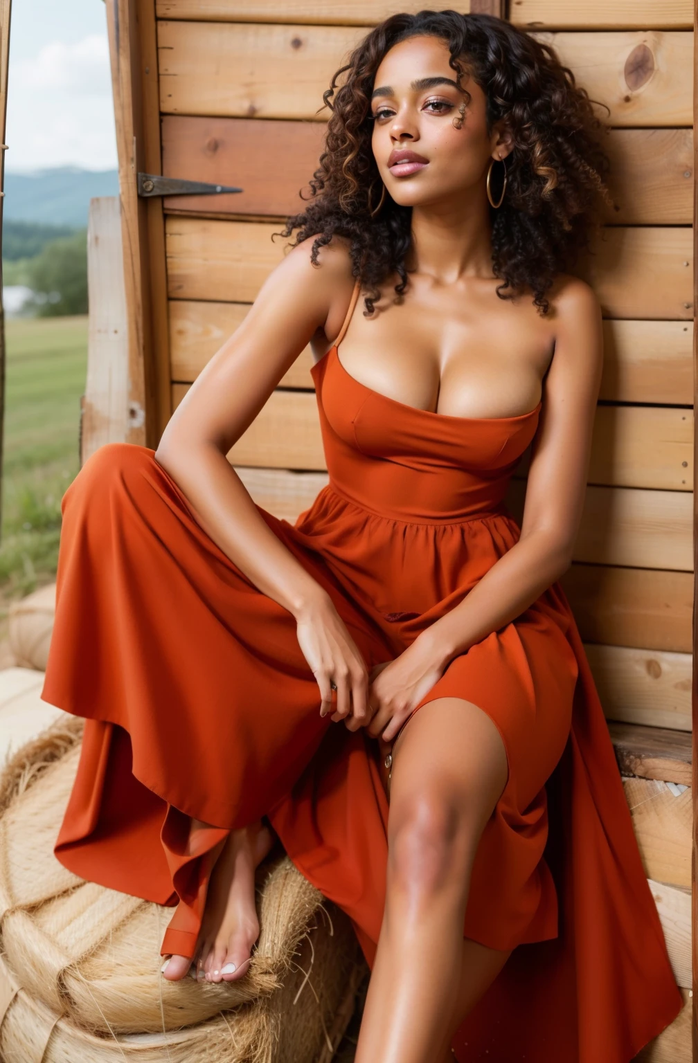 arafed woman sitting on a hay bale in a tan red dress, nathalie emmanuel, gorgeous lady, imaan hammam, gorgeous woman, perfect round breasts and cleavage. photo from vogue magazine, photoshoot for vogue magazine, tessa thompson, portrait sophie mudd, stunning woman, magazine photoshoot, tessa thompson inspired, zendaya, perfectly poised, beautiful model, vogue photoshoot, curly haired, solo photoshoot