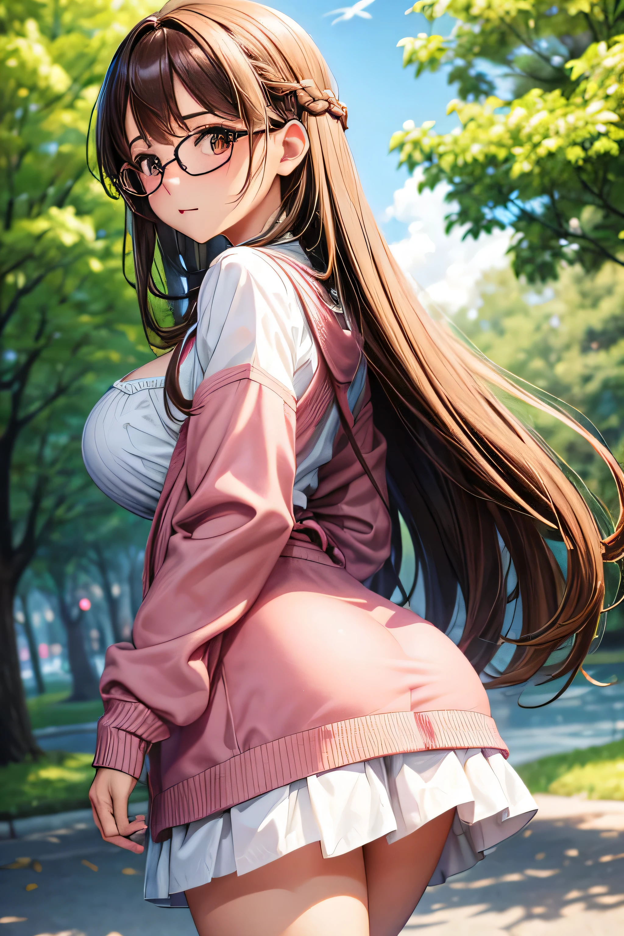 High resolution, high quality, 1 girl, anime girl, Brown hair long hair, brown eyes, green glasses, tanned skin, big breasts, (big ass),pink cardigan,white dirndl skirt,white knee socks,Upper body,close,walk,at the park,