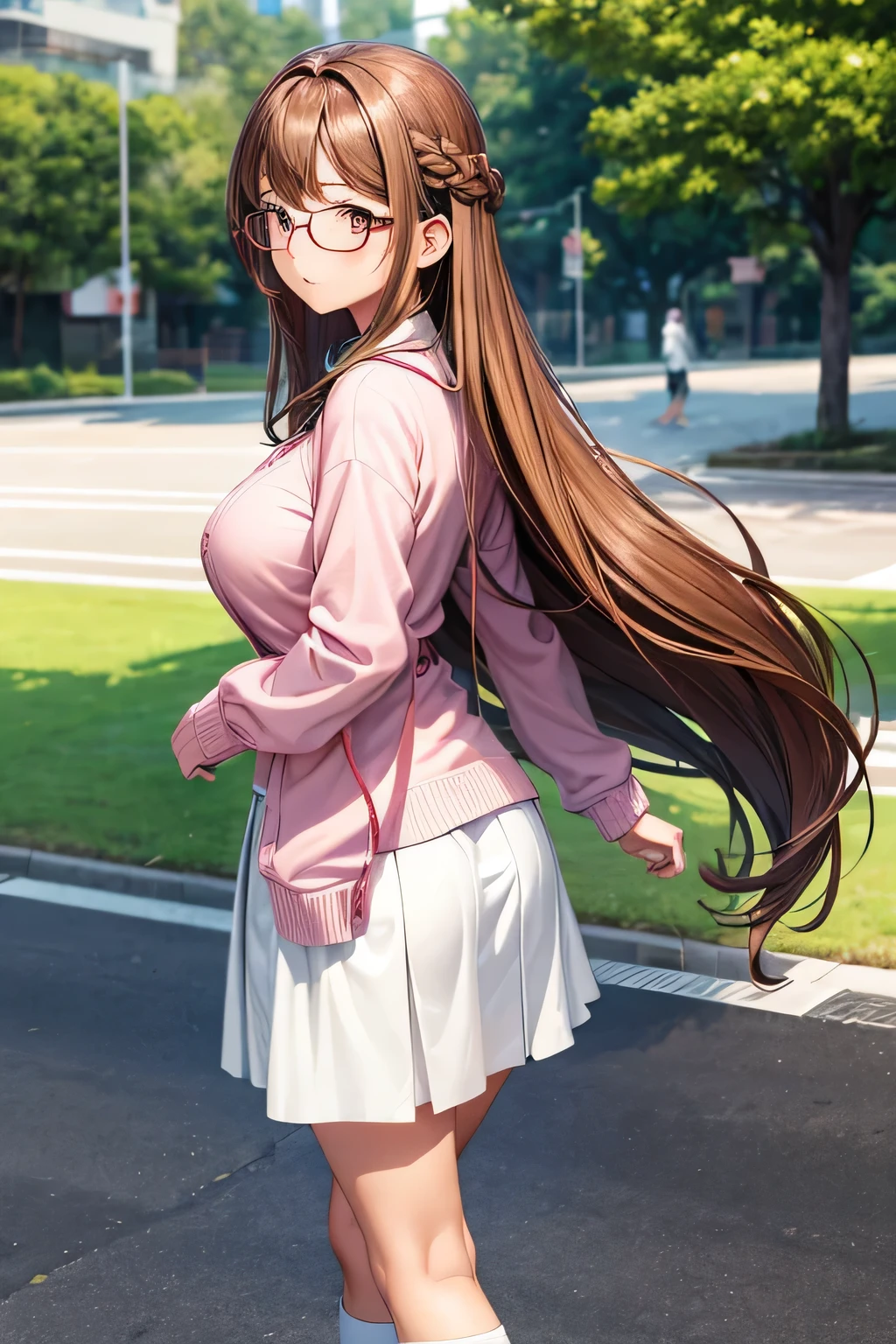 High resolution, high quality, 1 girl, anime girl, Brown hair long hair, brown eyes, green glasses, sunburned skin, big breasts, (big ass),pink cardigan,white long skirt,white knee socks,Upper body,close,walk,at the park,